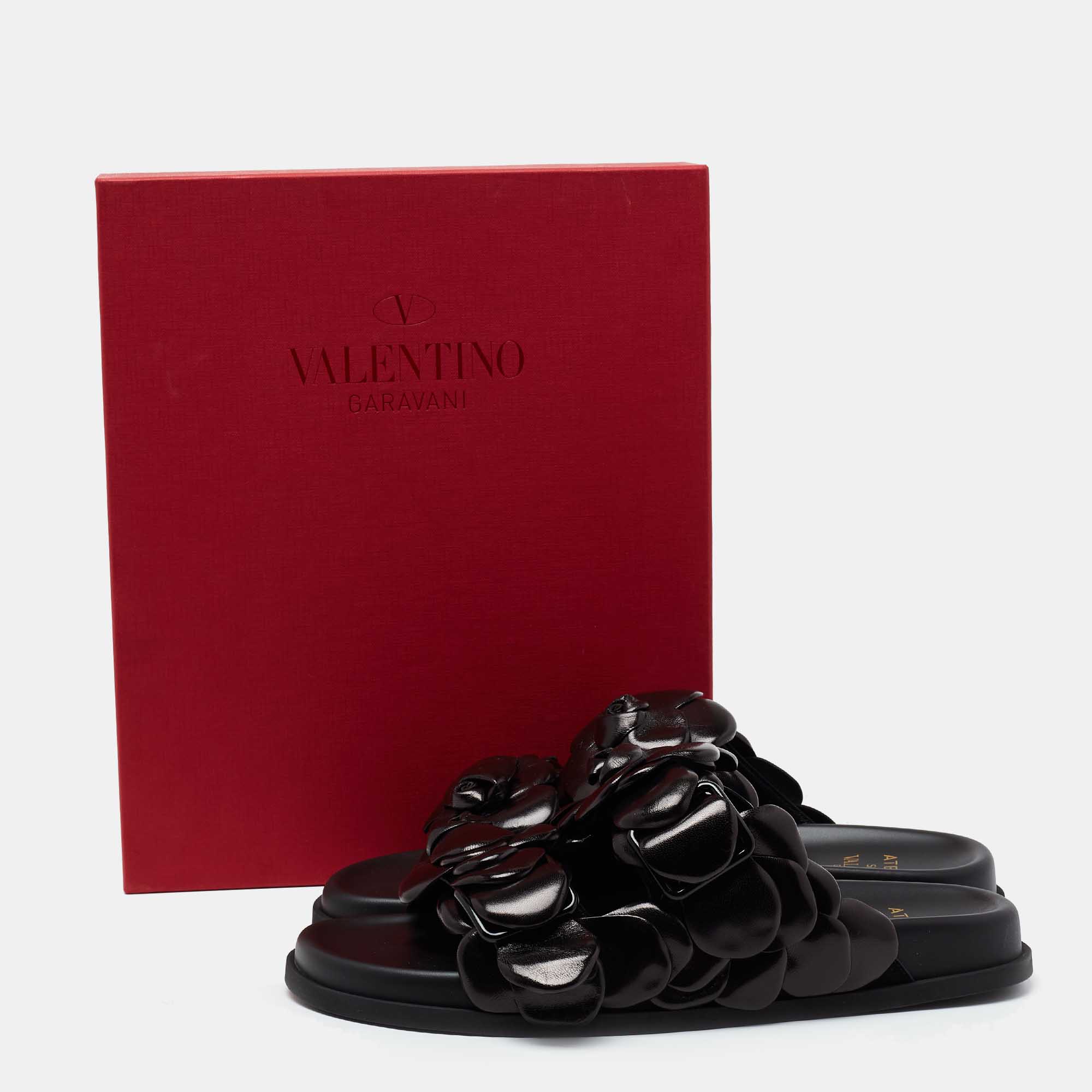 Valentino Black Leather Atelier 03 Rose Edition Flat Slides Size 37
