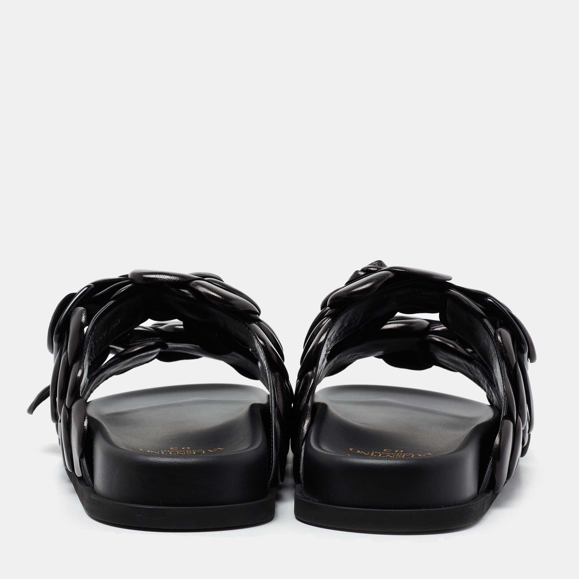 Valentino Black Leather Atelier 03 Rose Edition Flat Slides Size 37