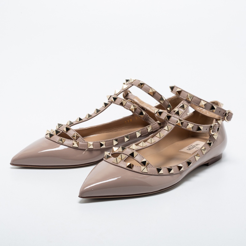 

Valentino Dusty Beige Patent Leather Rockstud Ankle Strap Ballet Flats Size