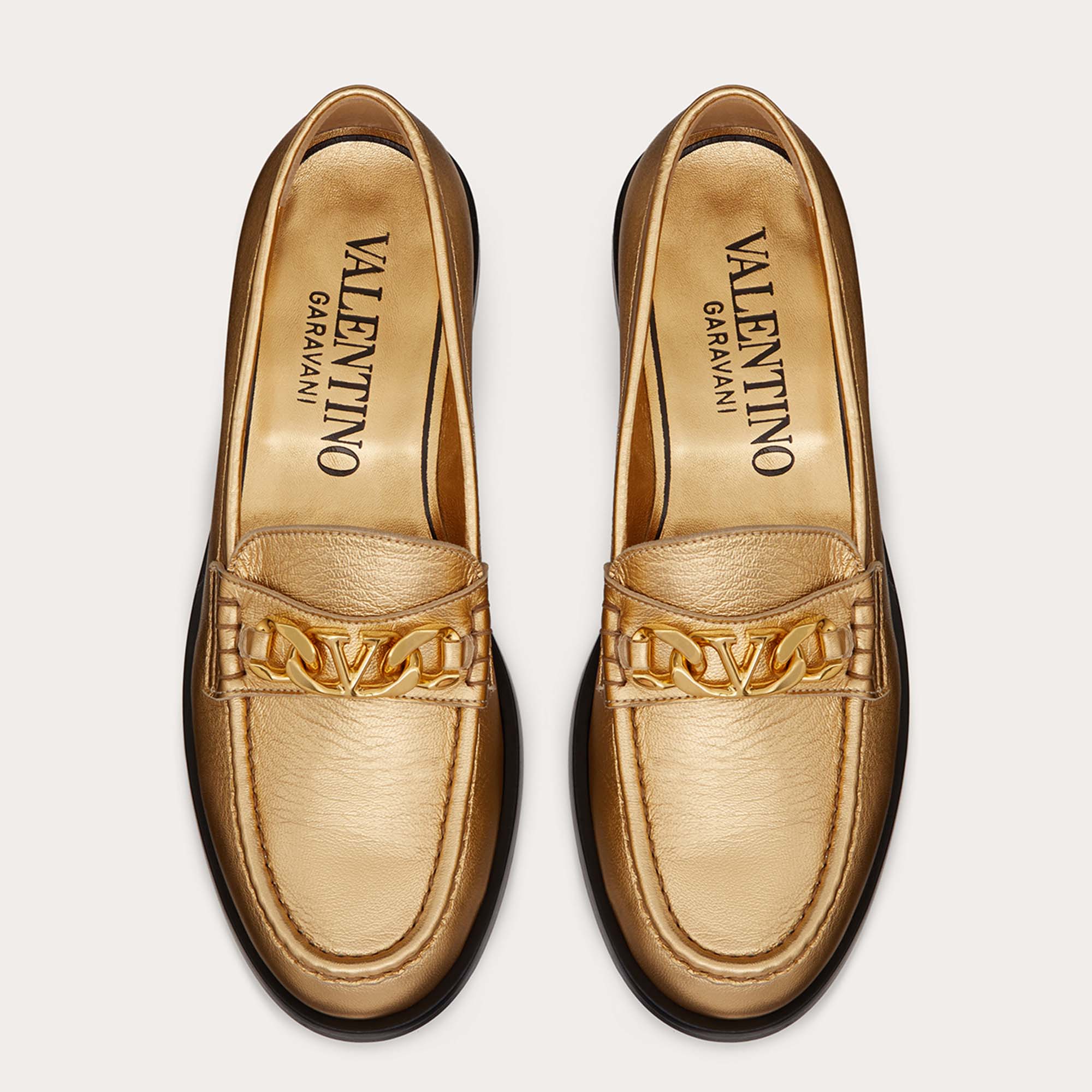 

Valentino Gold Leather VLogo Chain Slip On Loafers Size