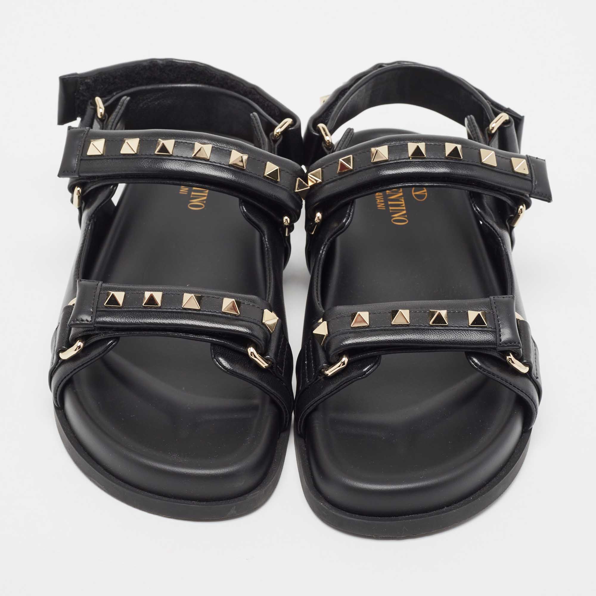 Valentino Black Leather Rockstud Velcro Slingback Flat Sandals Size 39