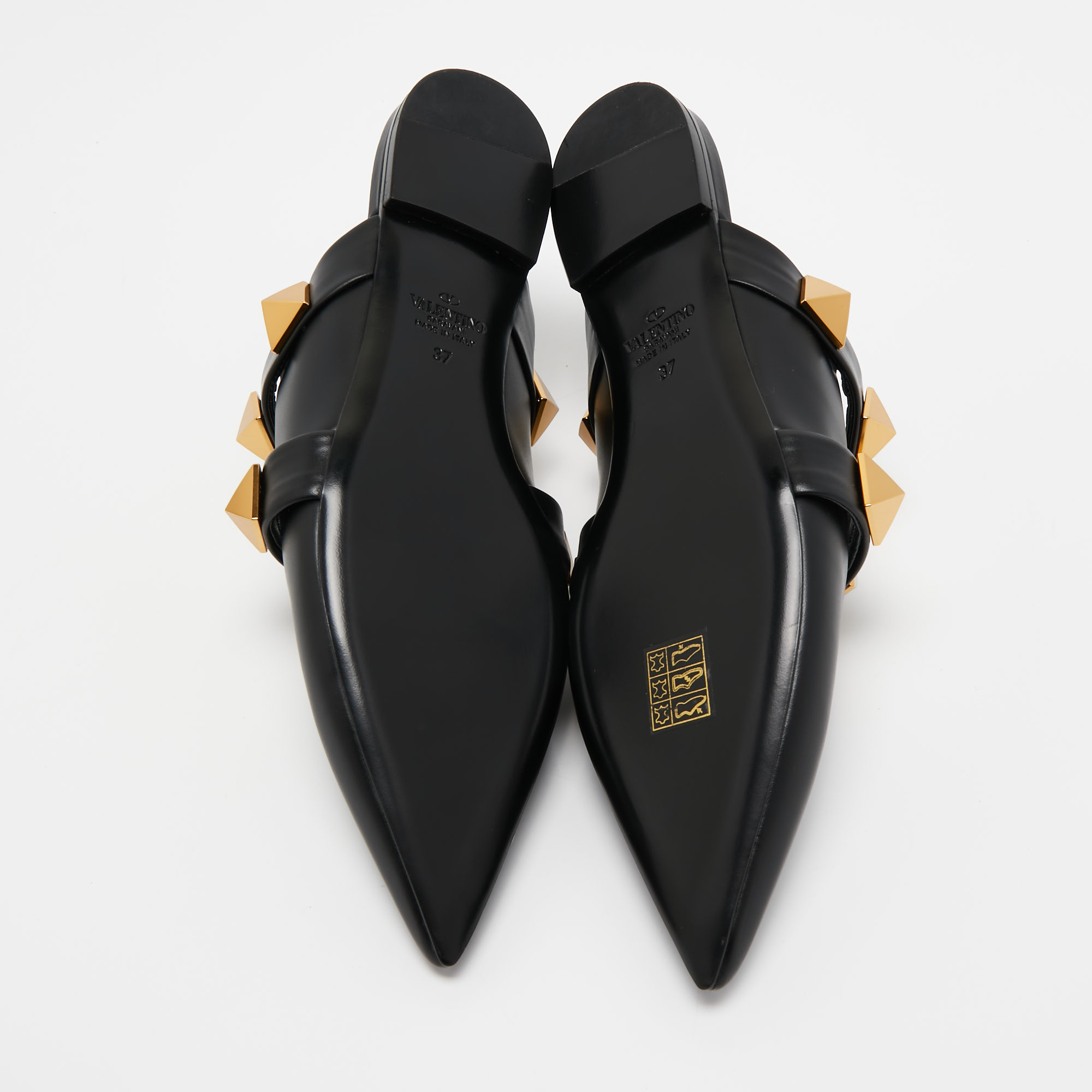 Valentino Black Leather Roman Stud Flat Mules Size 37