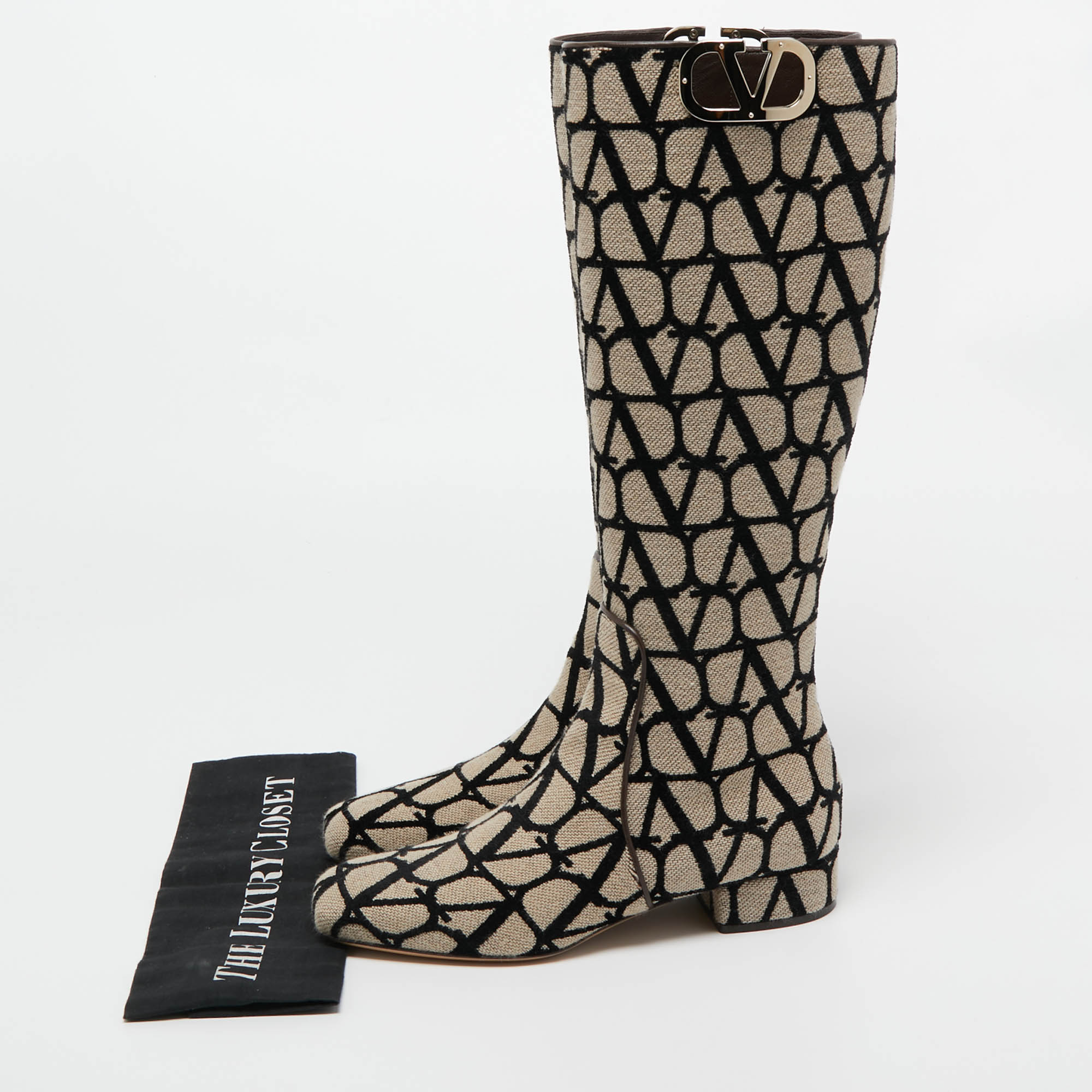 Valentino Beige/Black Canvas Toile Iconographe Knee Length Boots Size 38