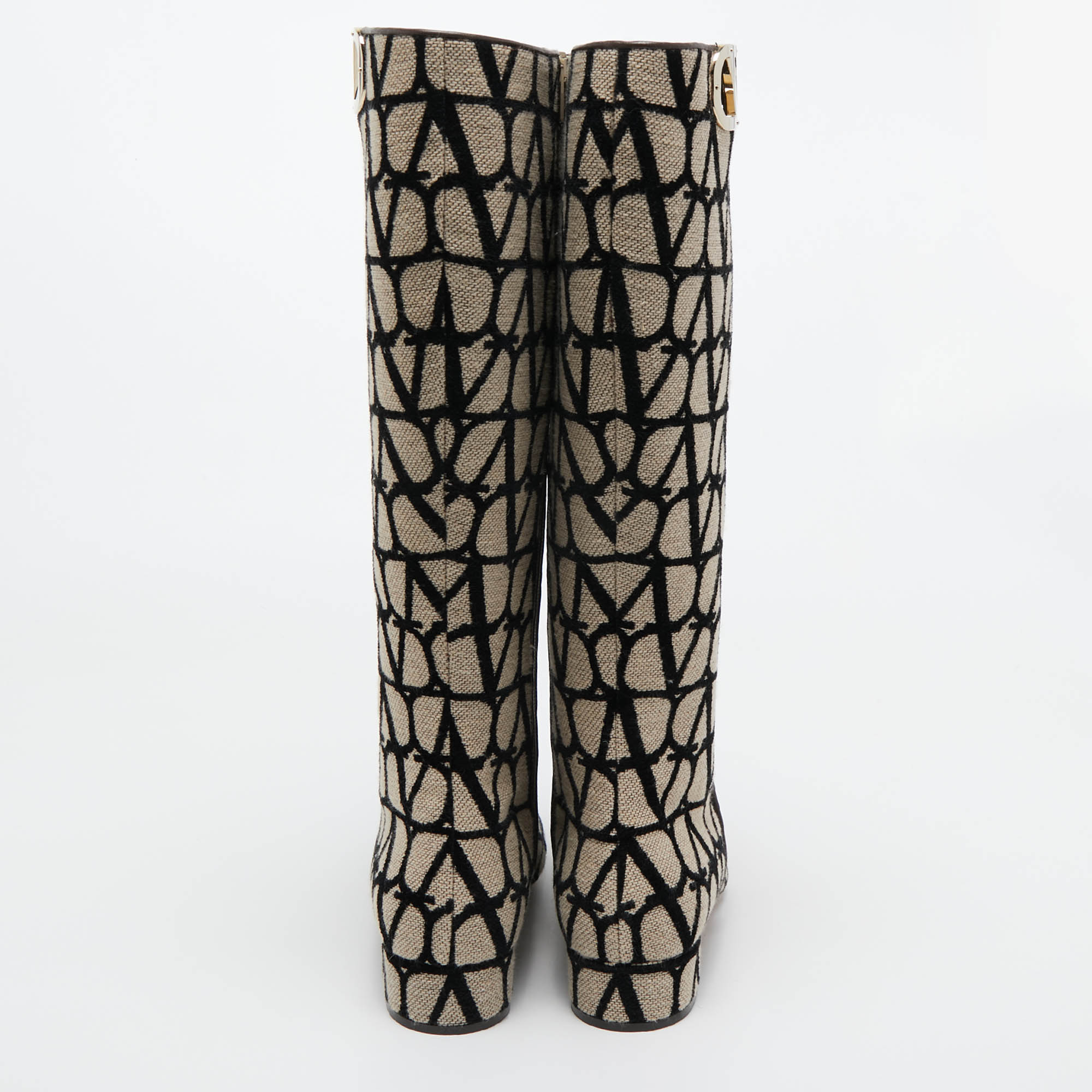 Valentino Beige/Black Canvas Toile Iconographe Knee Length Boots Size 38