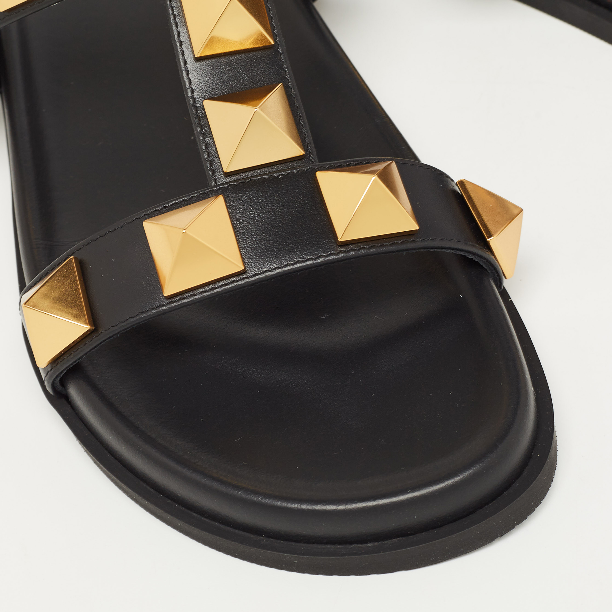 Valentino Black Leather Roman Stud Flat Slides Size 38