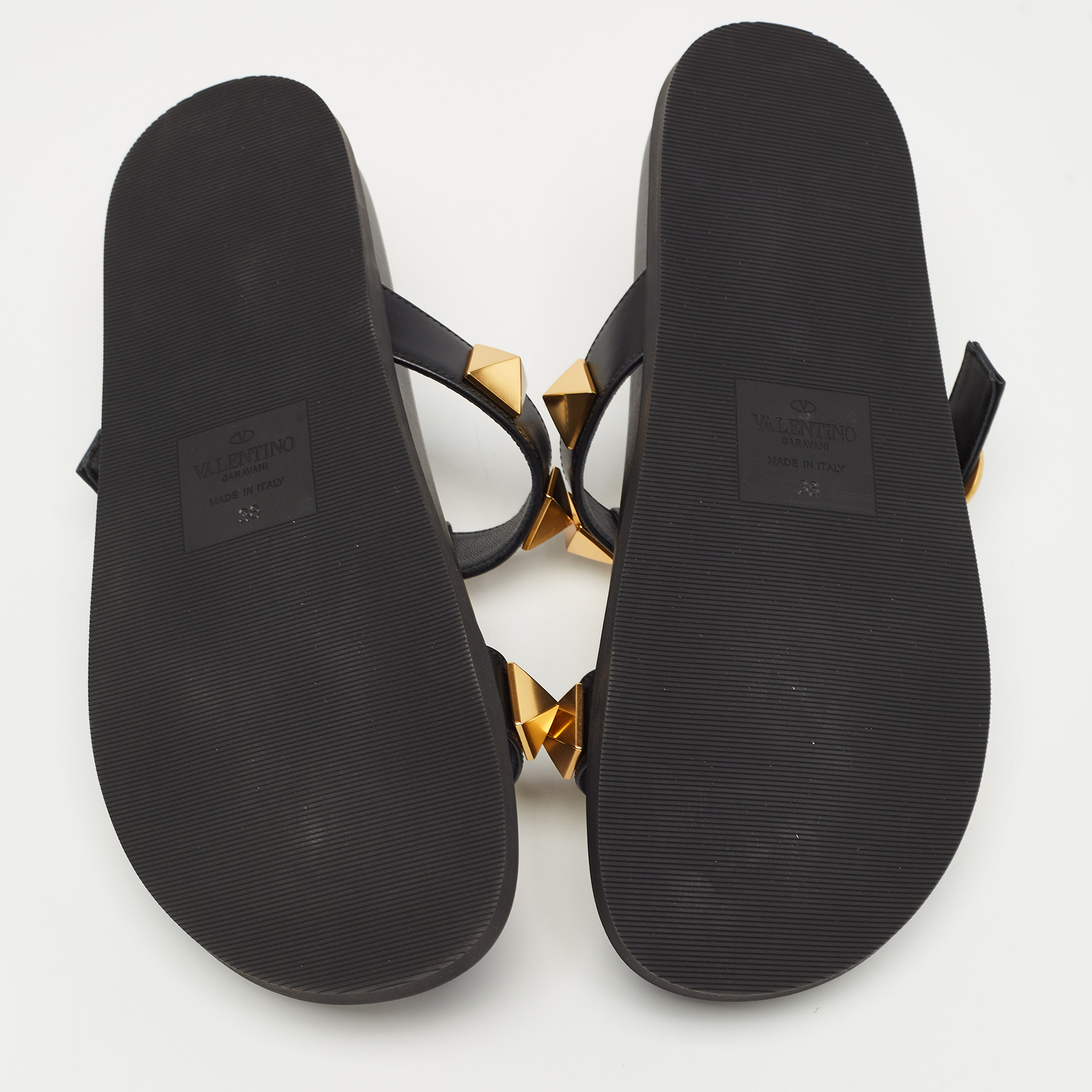 Valentino Black Leather Roman Stud Flat Slides Size 38