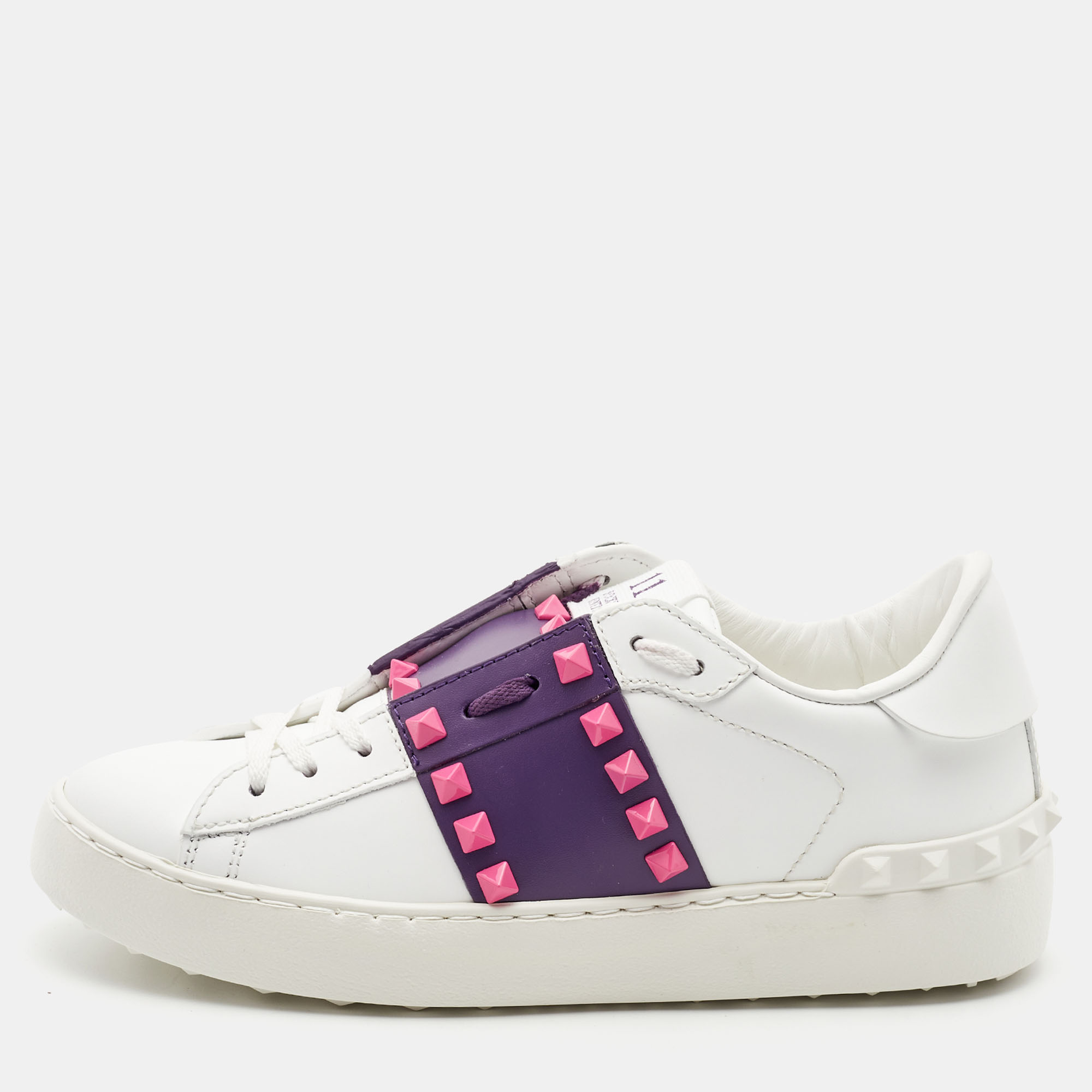 Valentino White/Purple Leather Rockstud Low Top Sneakers Size 35.5
