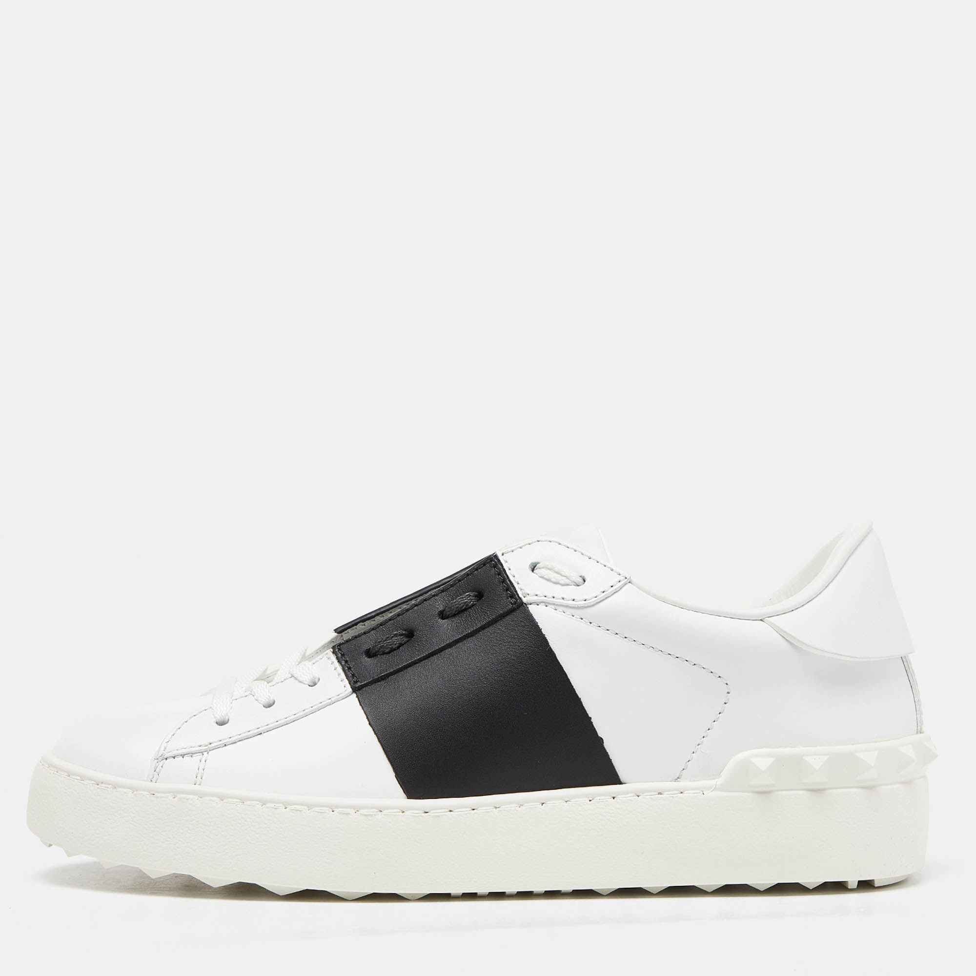 Valentino white/black leather open rockstud low top sneakers size 37.5