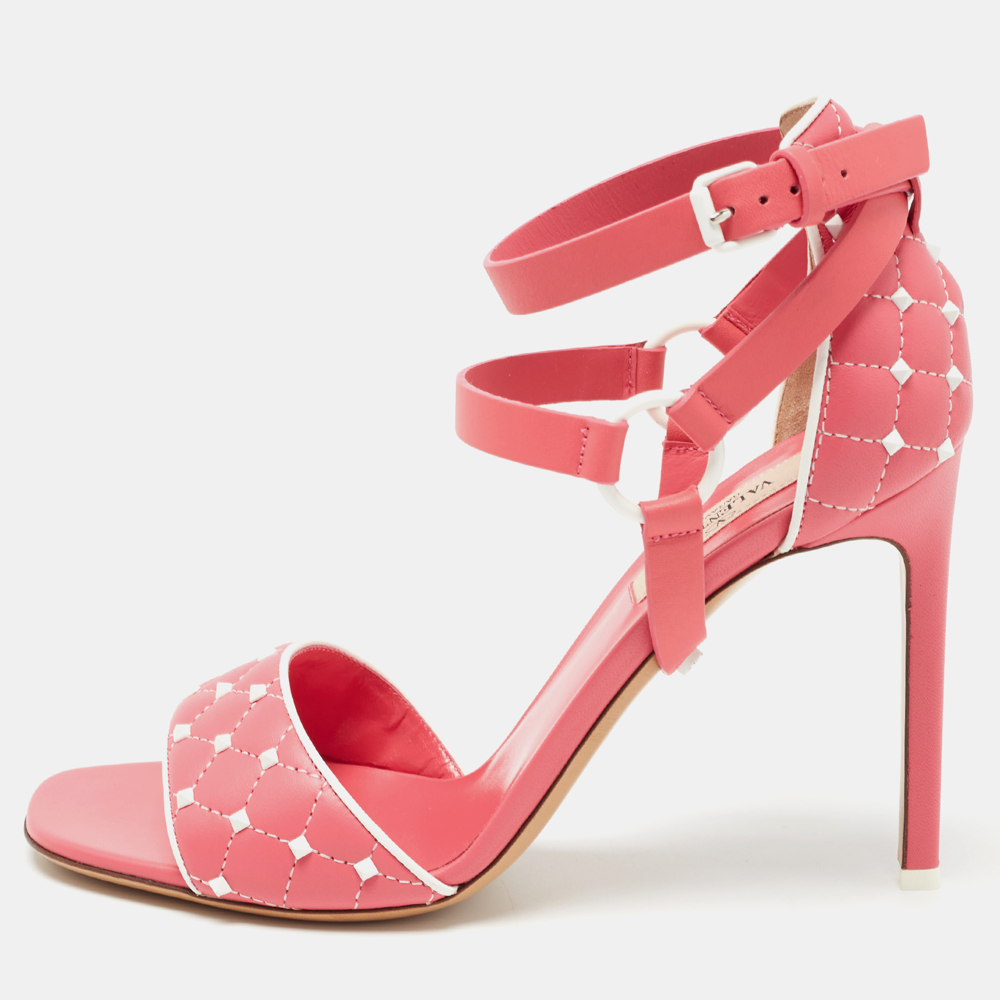 

Valentino Pink/White Leather Rockstud Ankle Strap Sandals Size