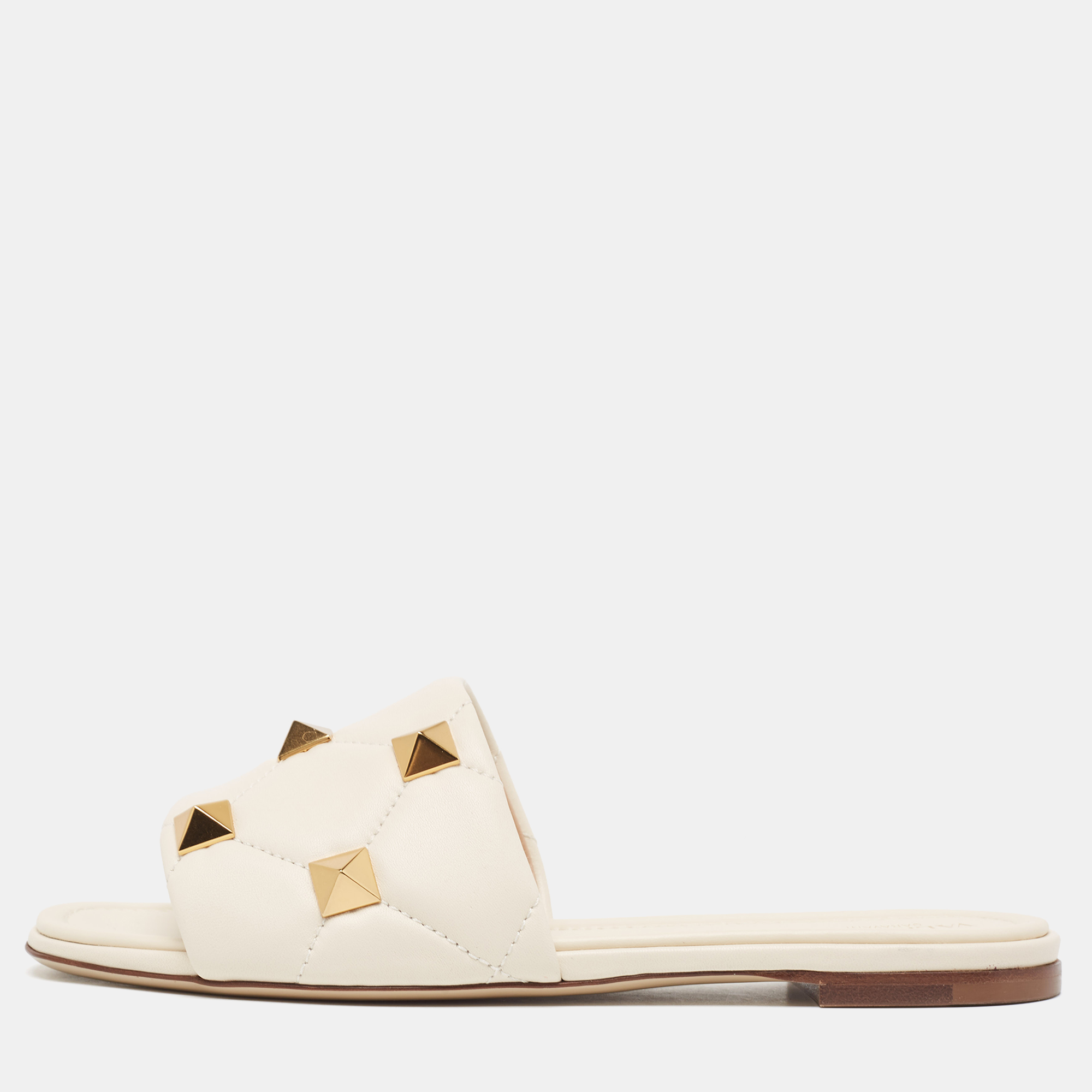 Valentino cream quilted leather roman stud flat slides size 41