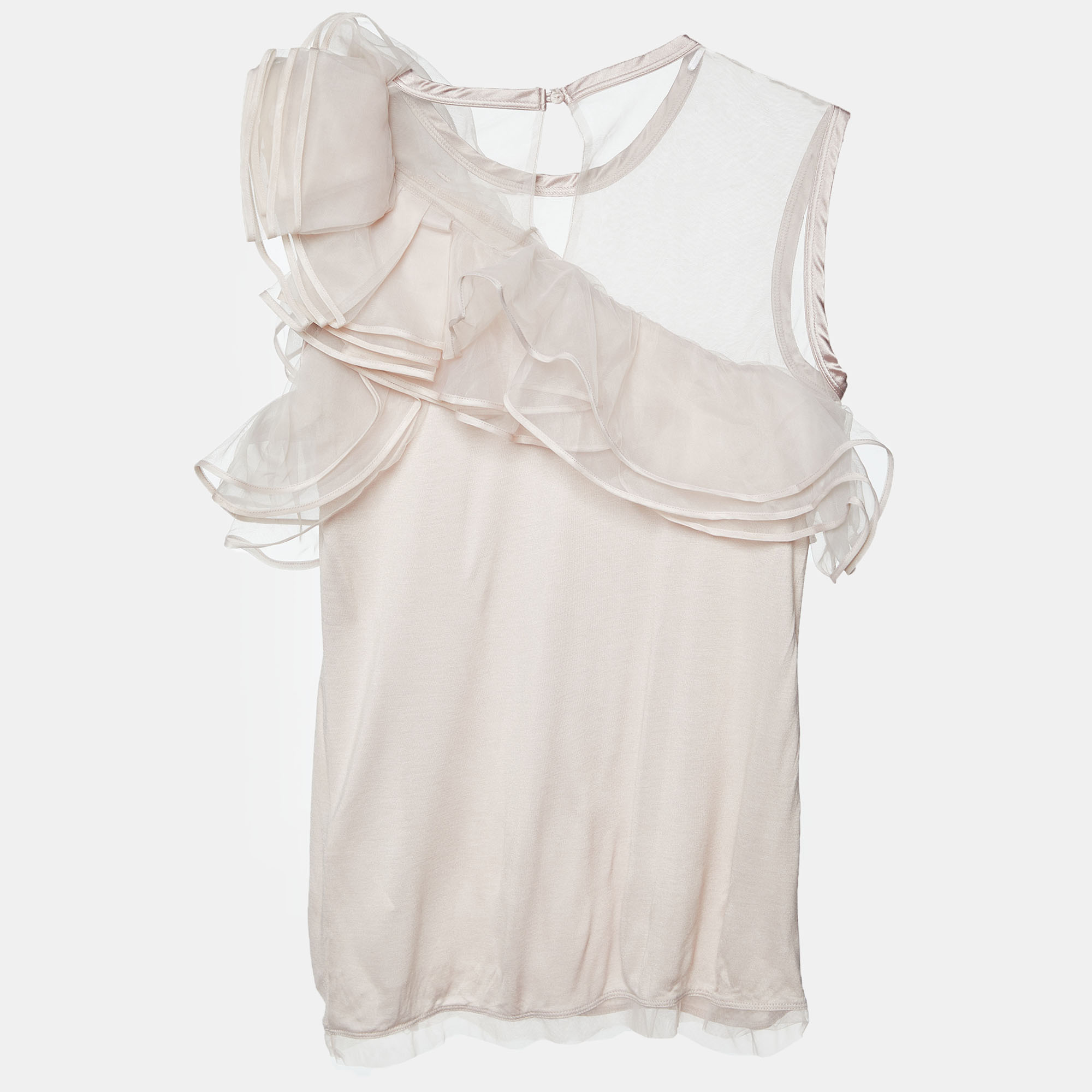 Valentino t-shirt couture pale pink jersey & mesh ruffled top l