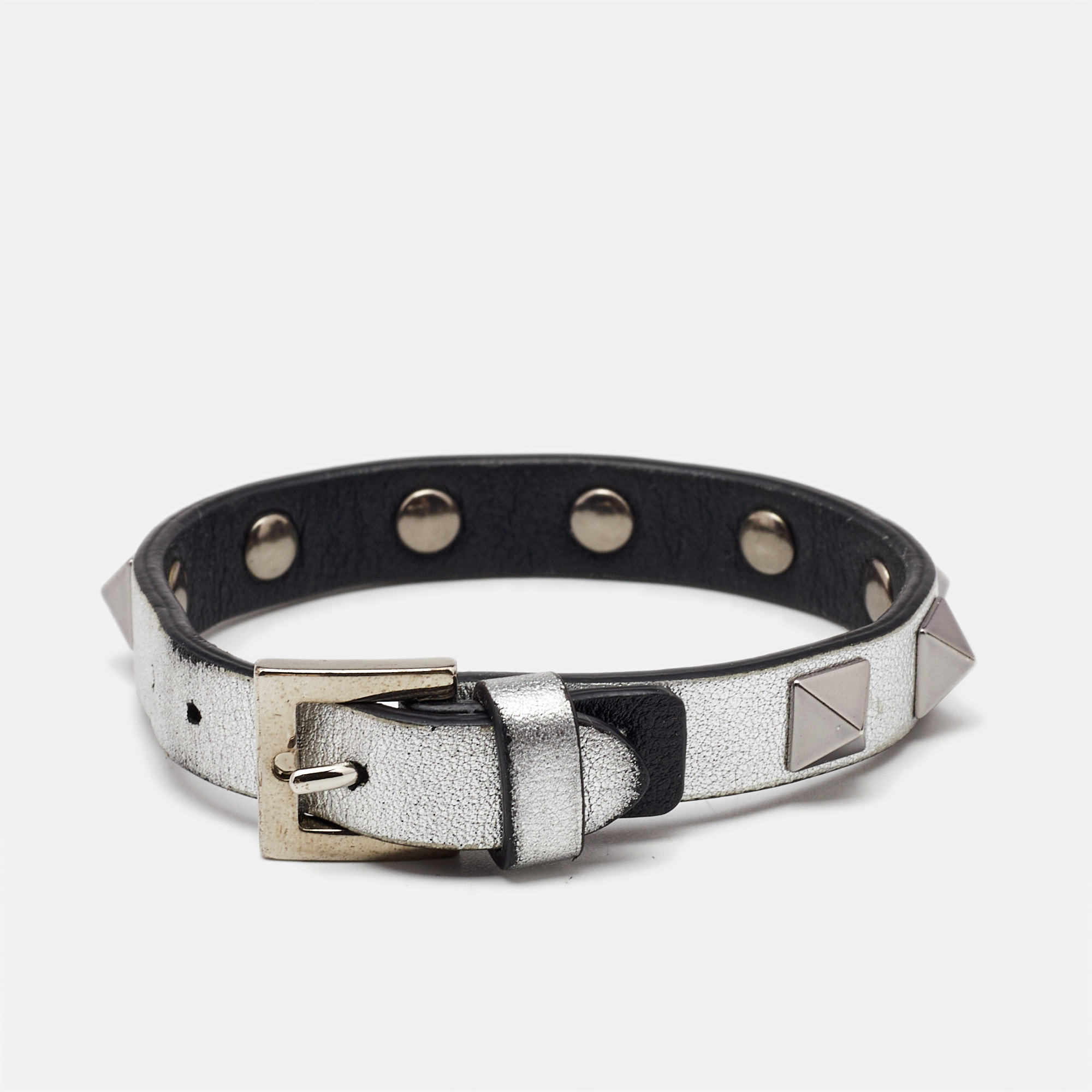 Valentino Rockstud Leather Silver Tone Bracelet