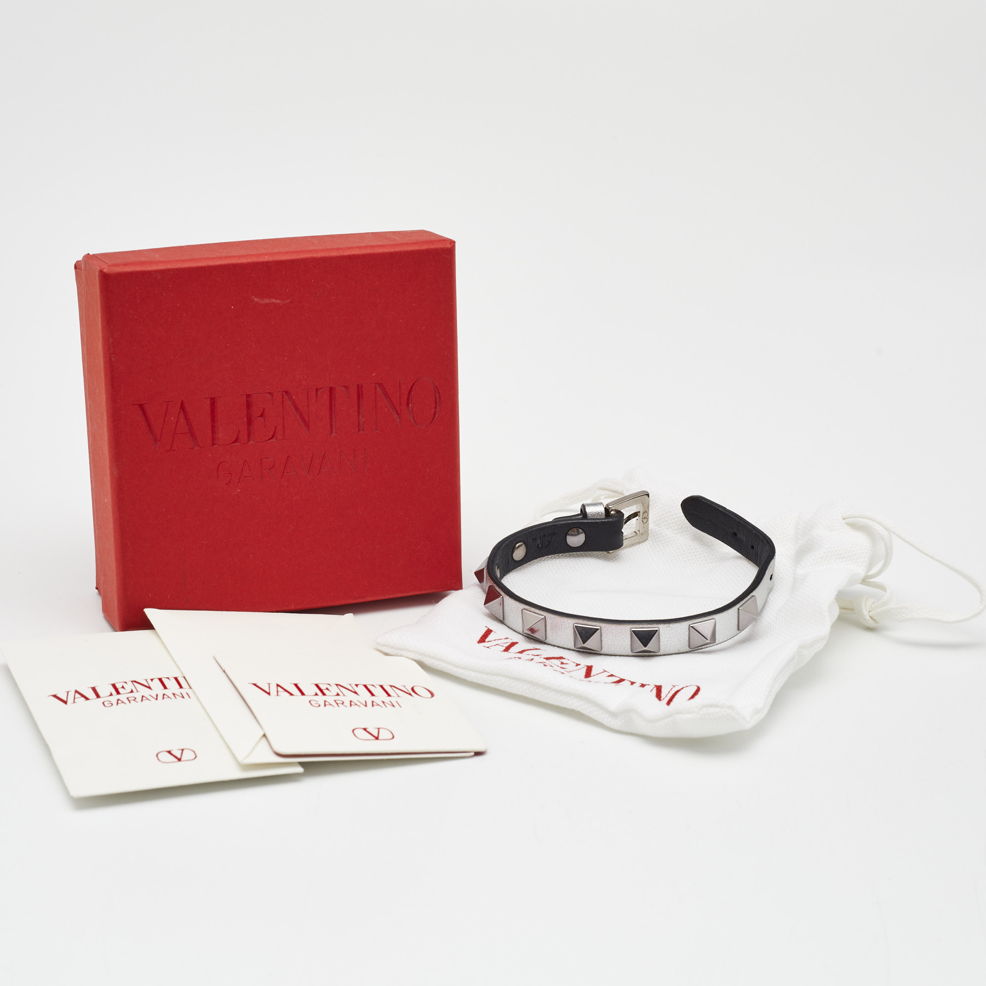 Valentino Rockstud Leather Silver Tone Bracelet