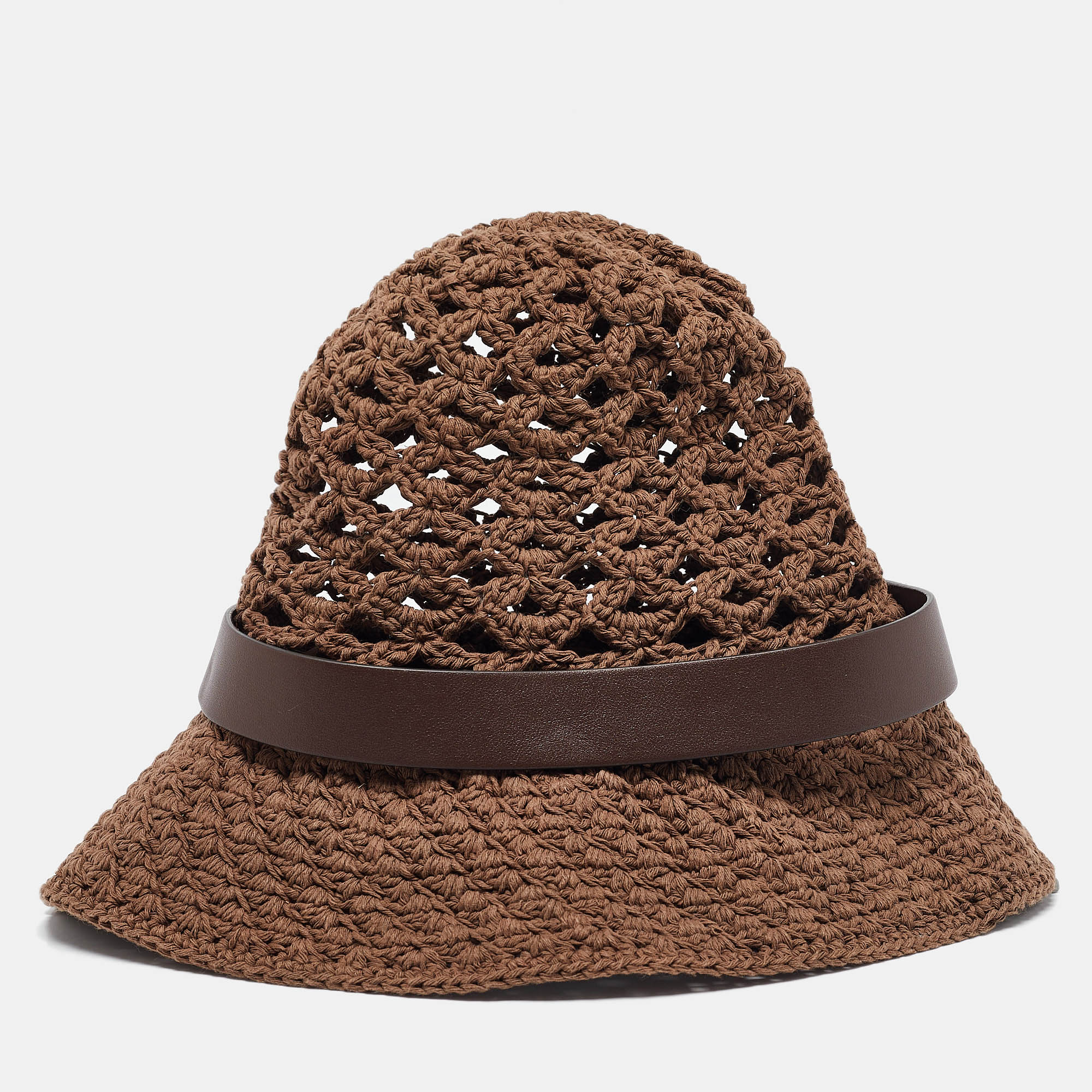 Valentino Brown Vlogo Leather Belted Crochet Fedora Hat M