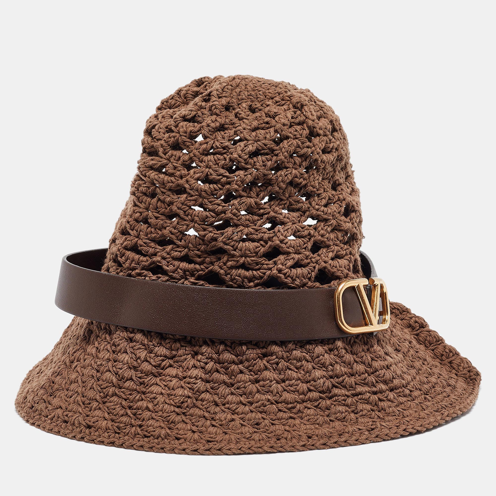 Valentino Brown Vlogo Leather Belted Crochet Fedora Hat M