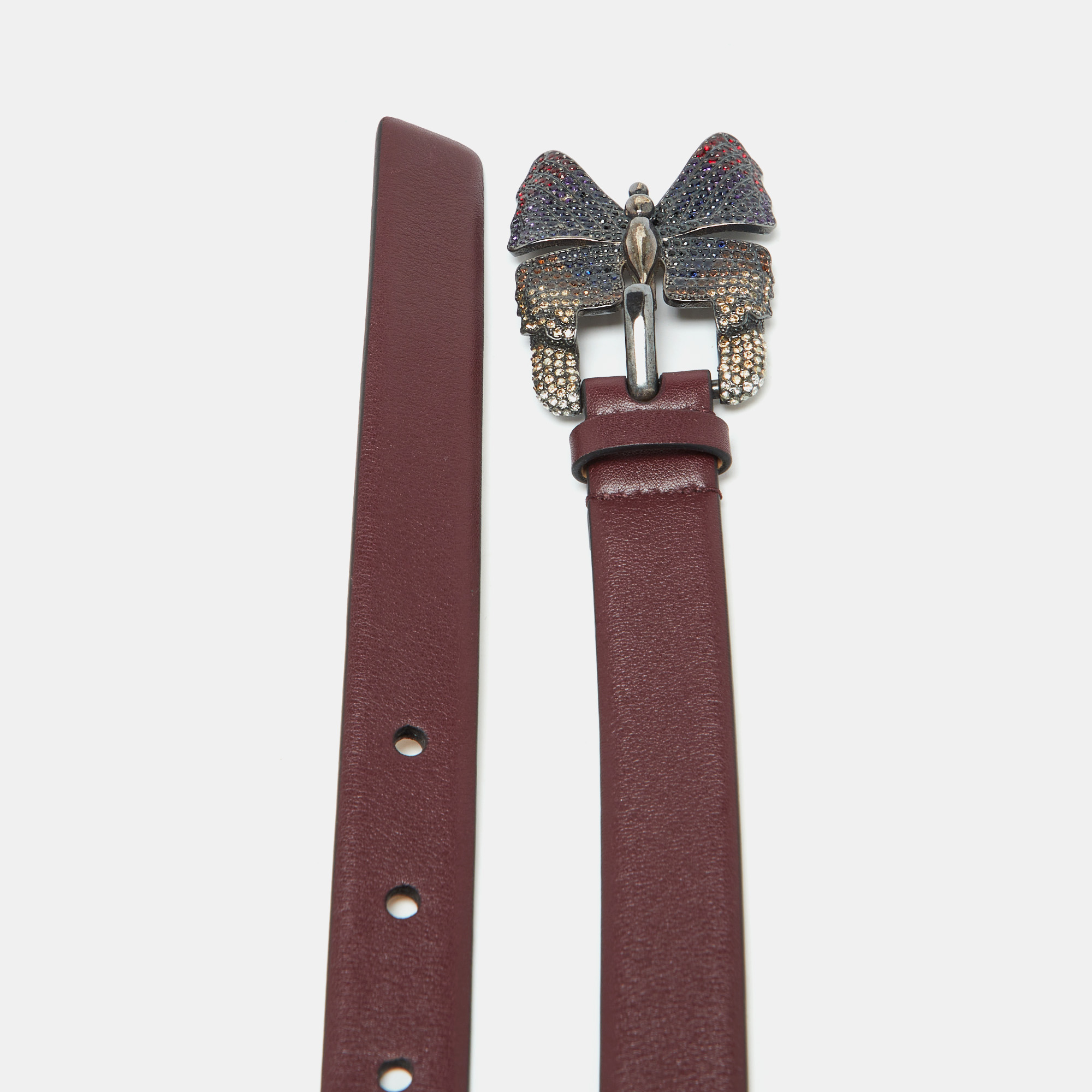 Valentino Burgundy Leather Crystal Embellished Butterfly Buckle Slim Belt 90 CM