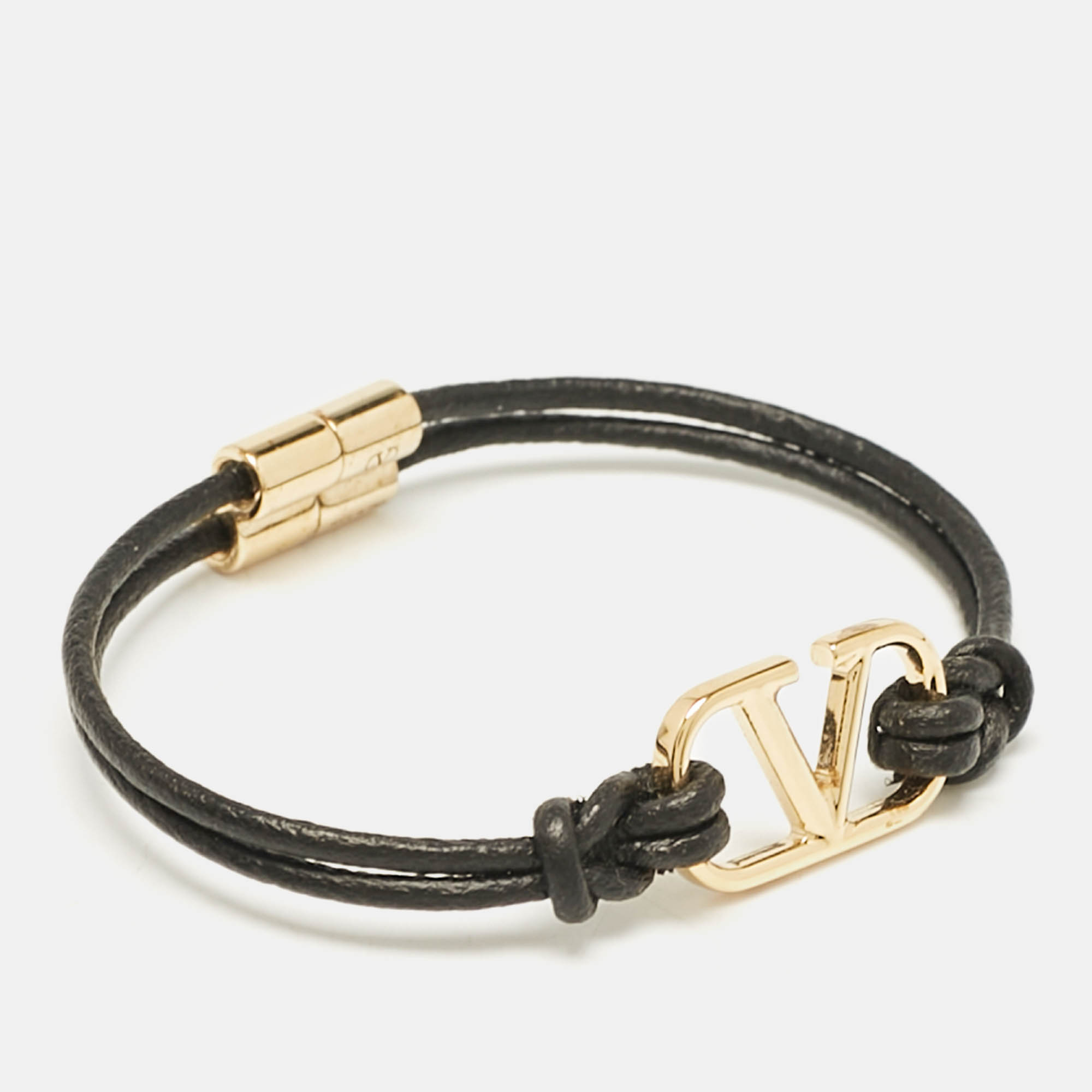 Valentino VLogo Black Leather Gold Tone Bracelet