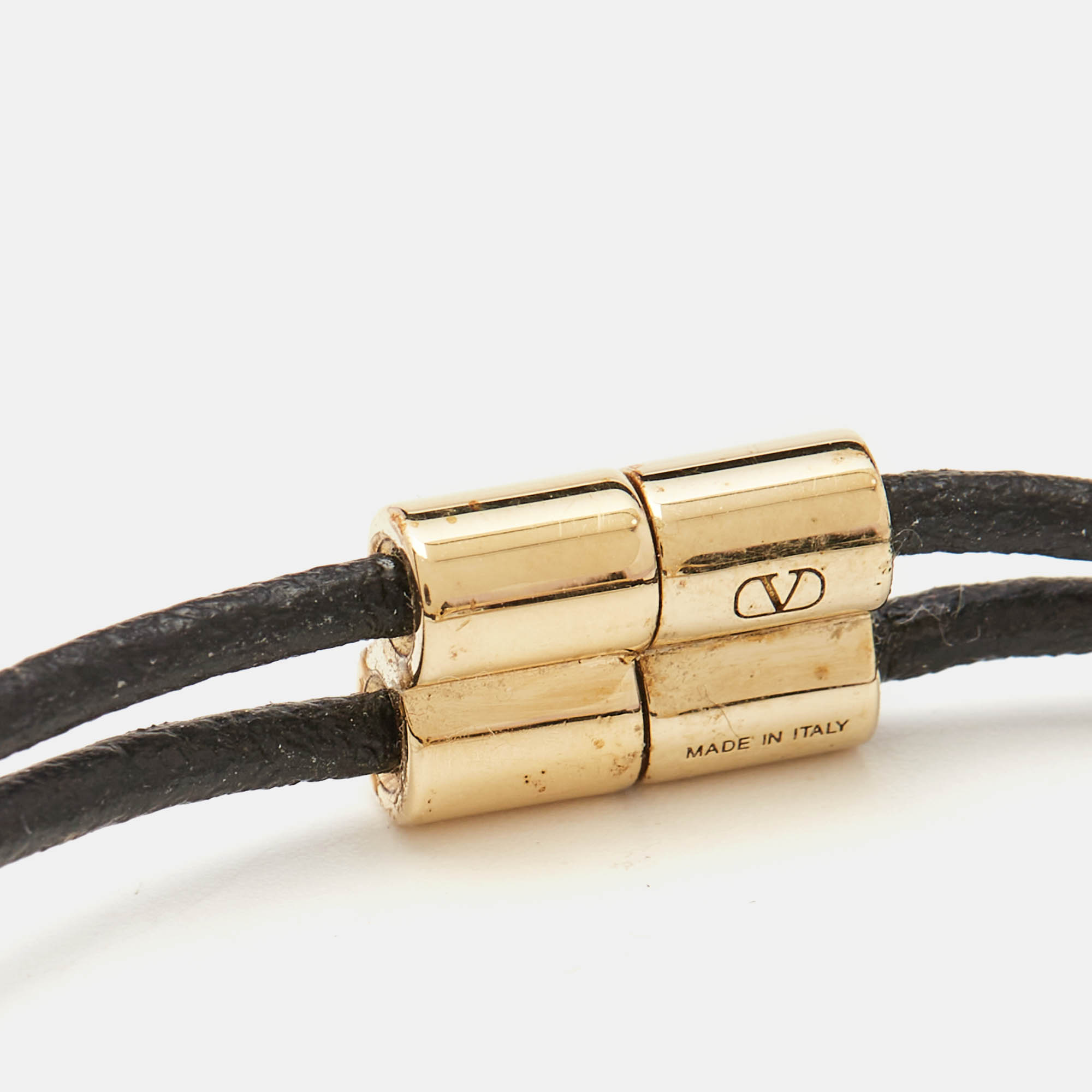 Valentino VLogo Black Leather Gold Tone Bracelet