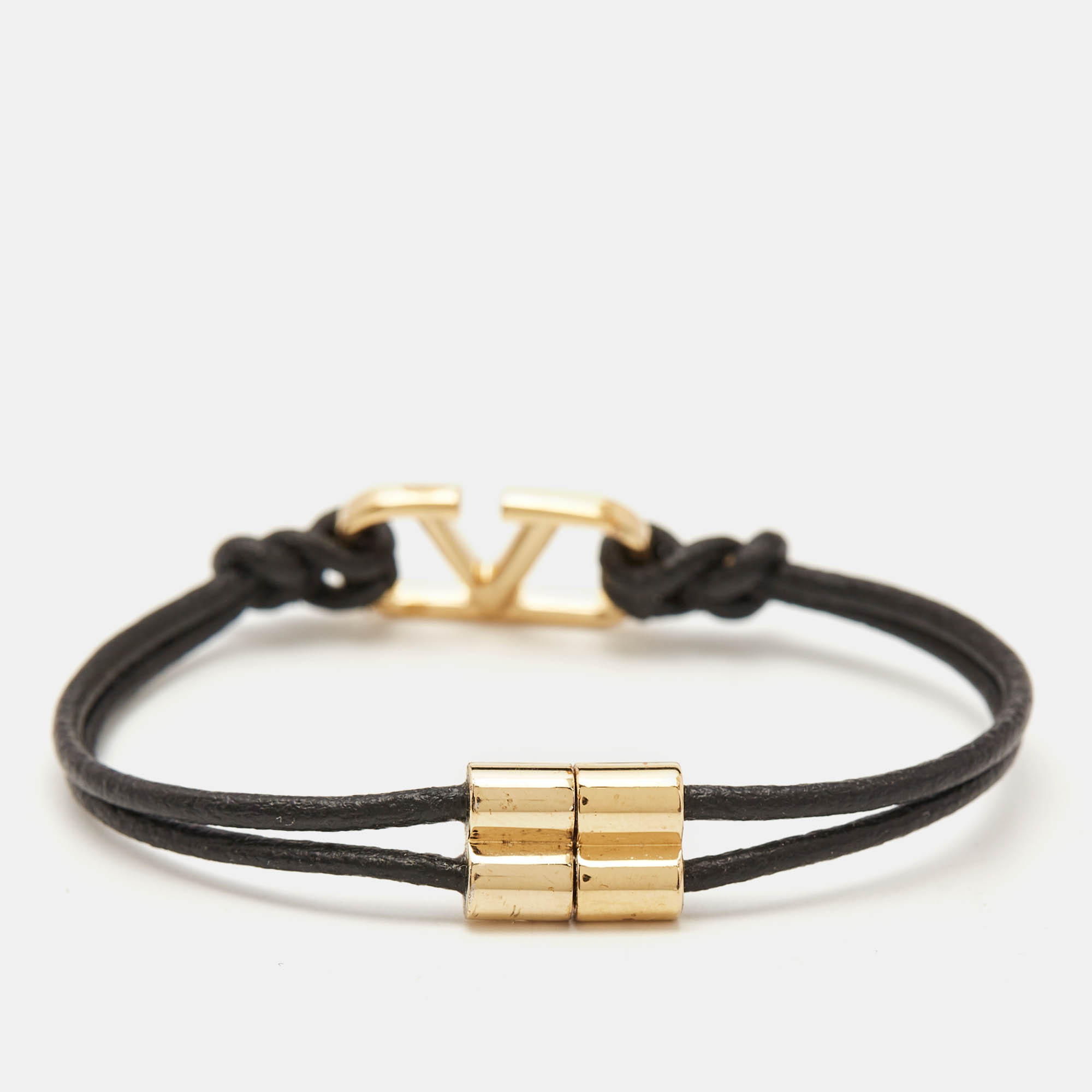 Valentino VLogo Black Leather Gold Tone Bracelet