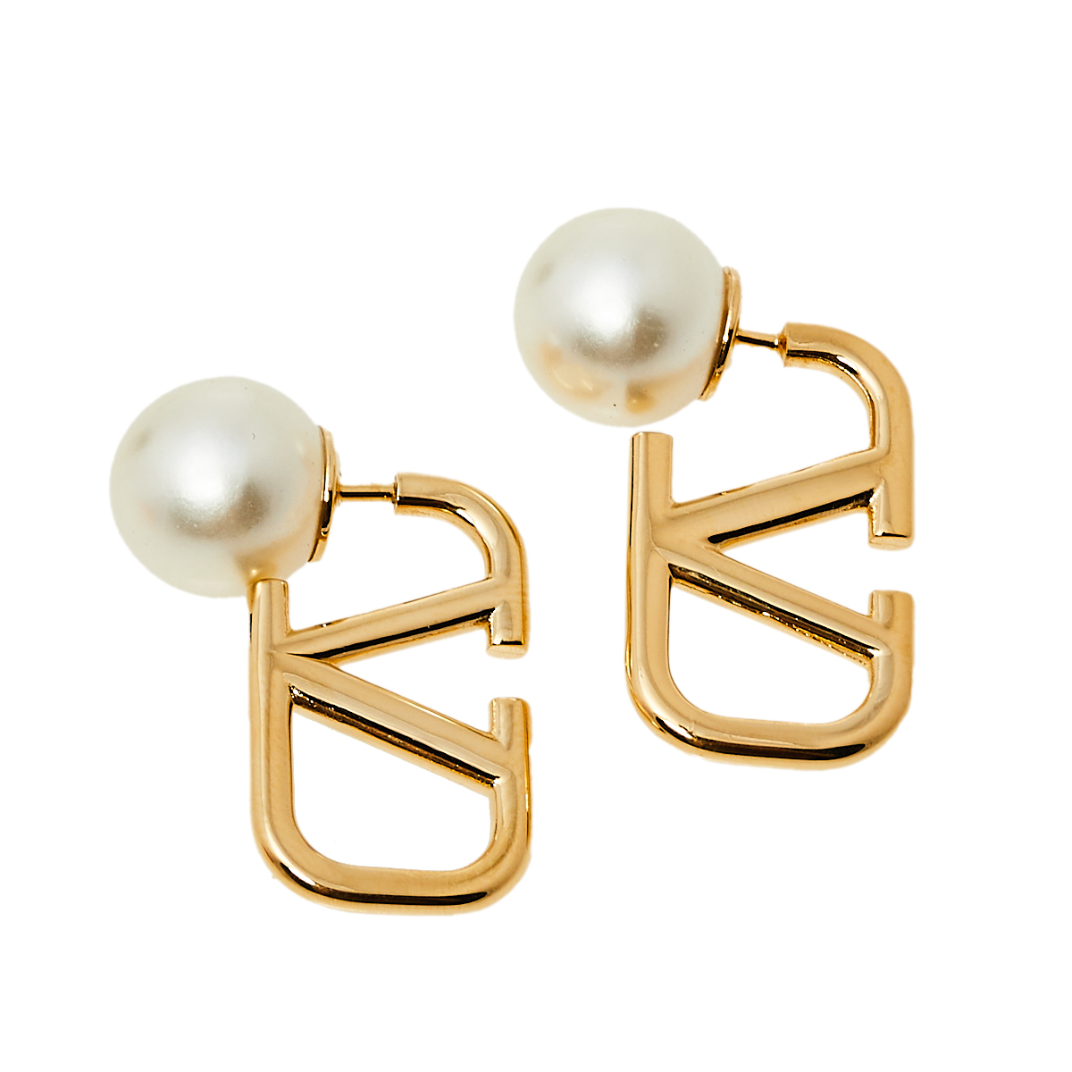 Valentino VLogo Faux Pearl Gold Tone Stud Earrings