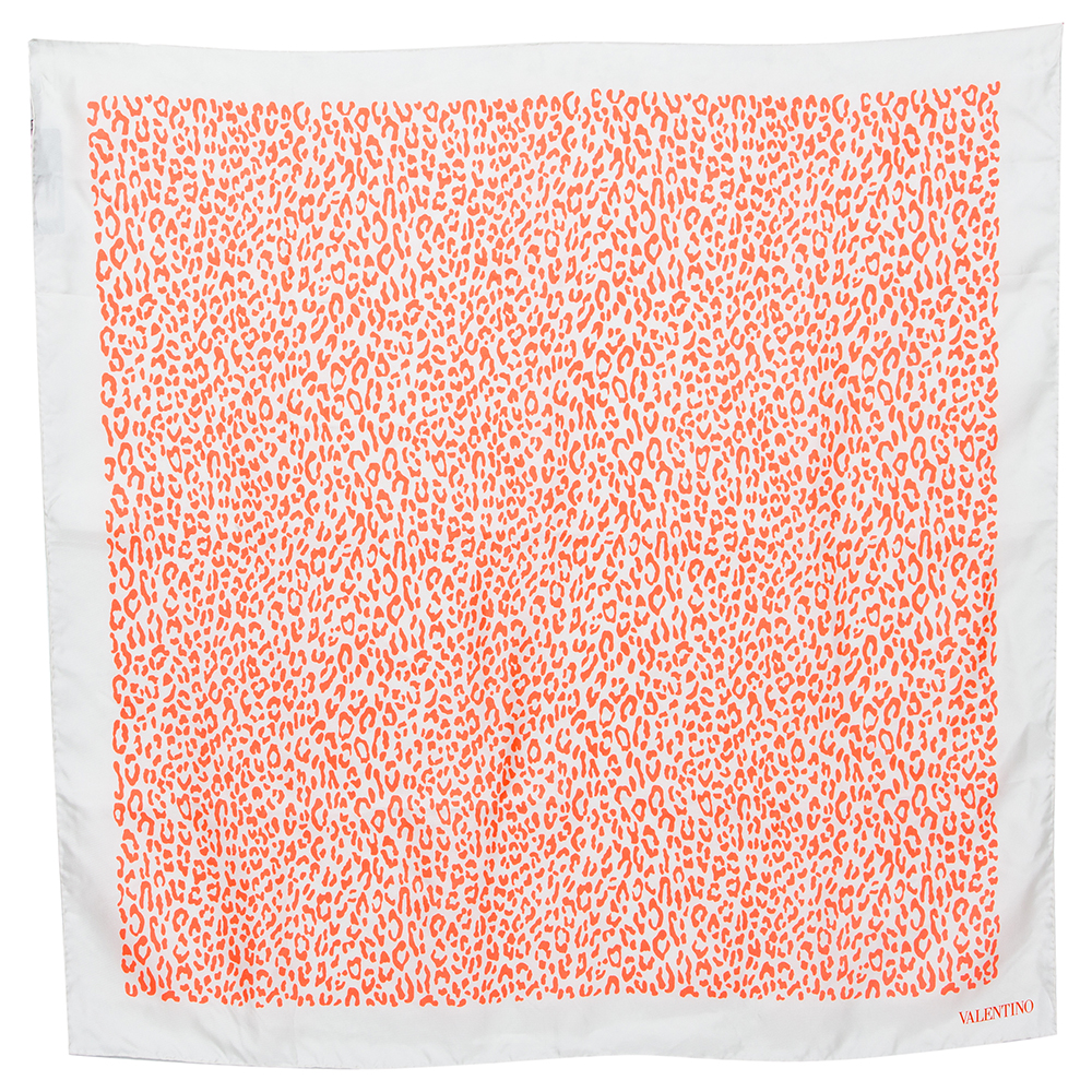 Valentino Neon Orange Leopard Print Silk Square Scarf