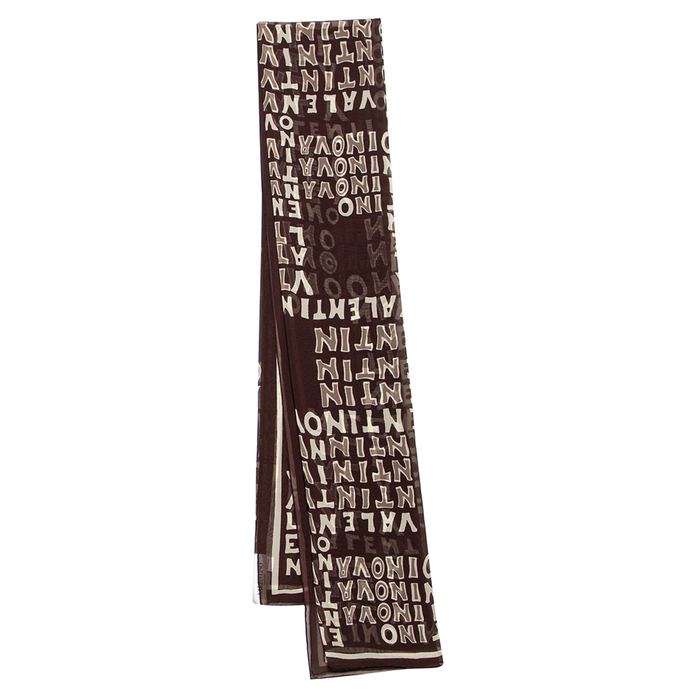Valentino Brown Logo Puzzle Printed Silk Scarf