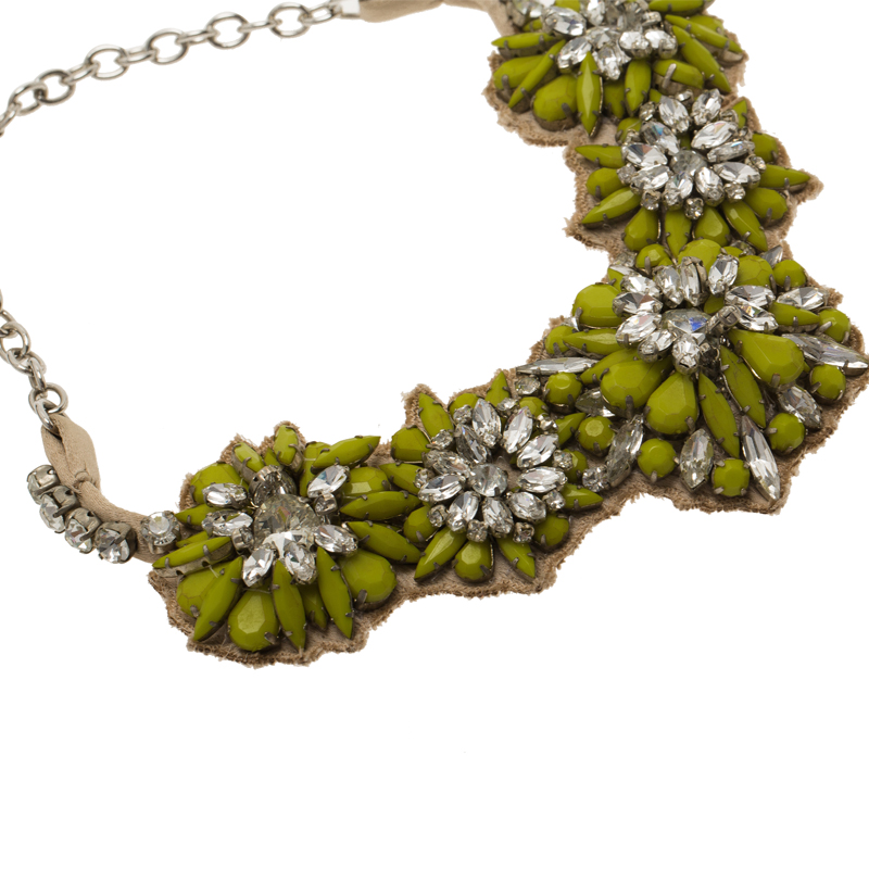 Valentino Fluoro Flowers Green Crystal Silver Tone Collar Necklace