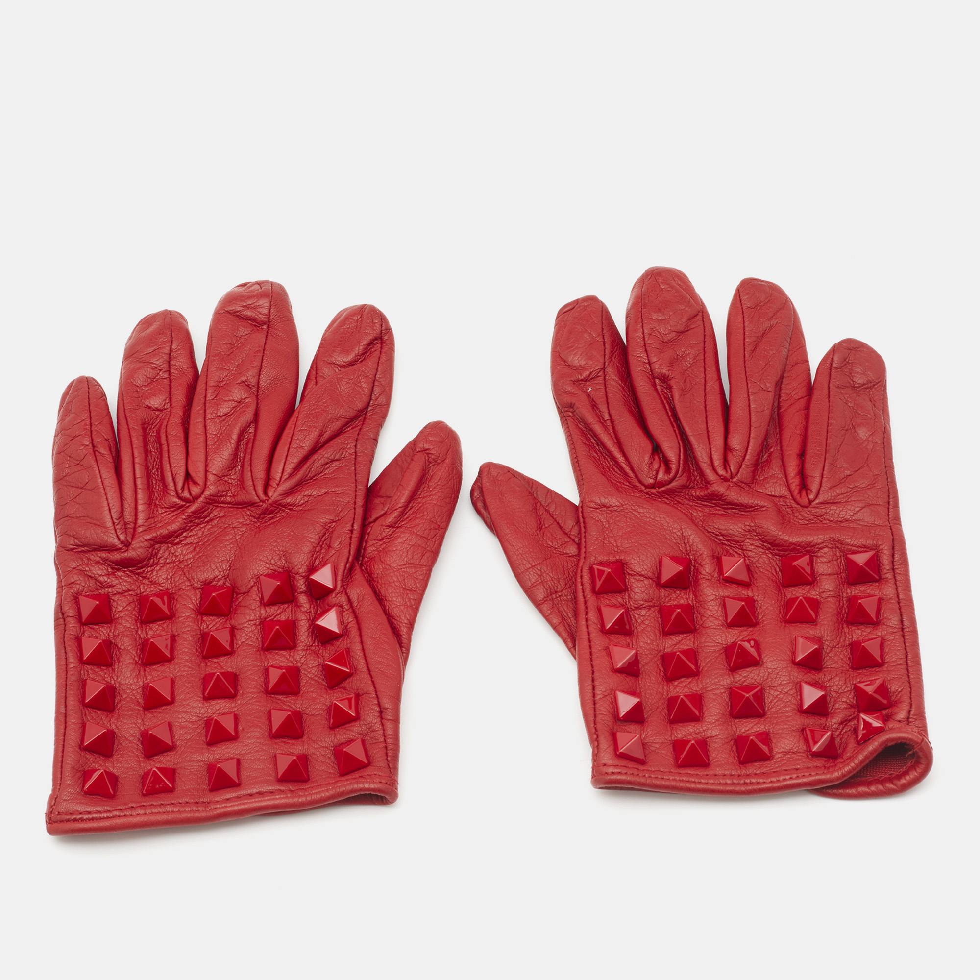 Valentino Red Leather Rockstud Rouge Gloves Size 6.5