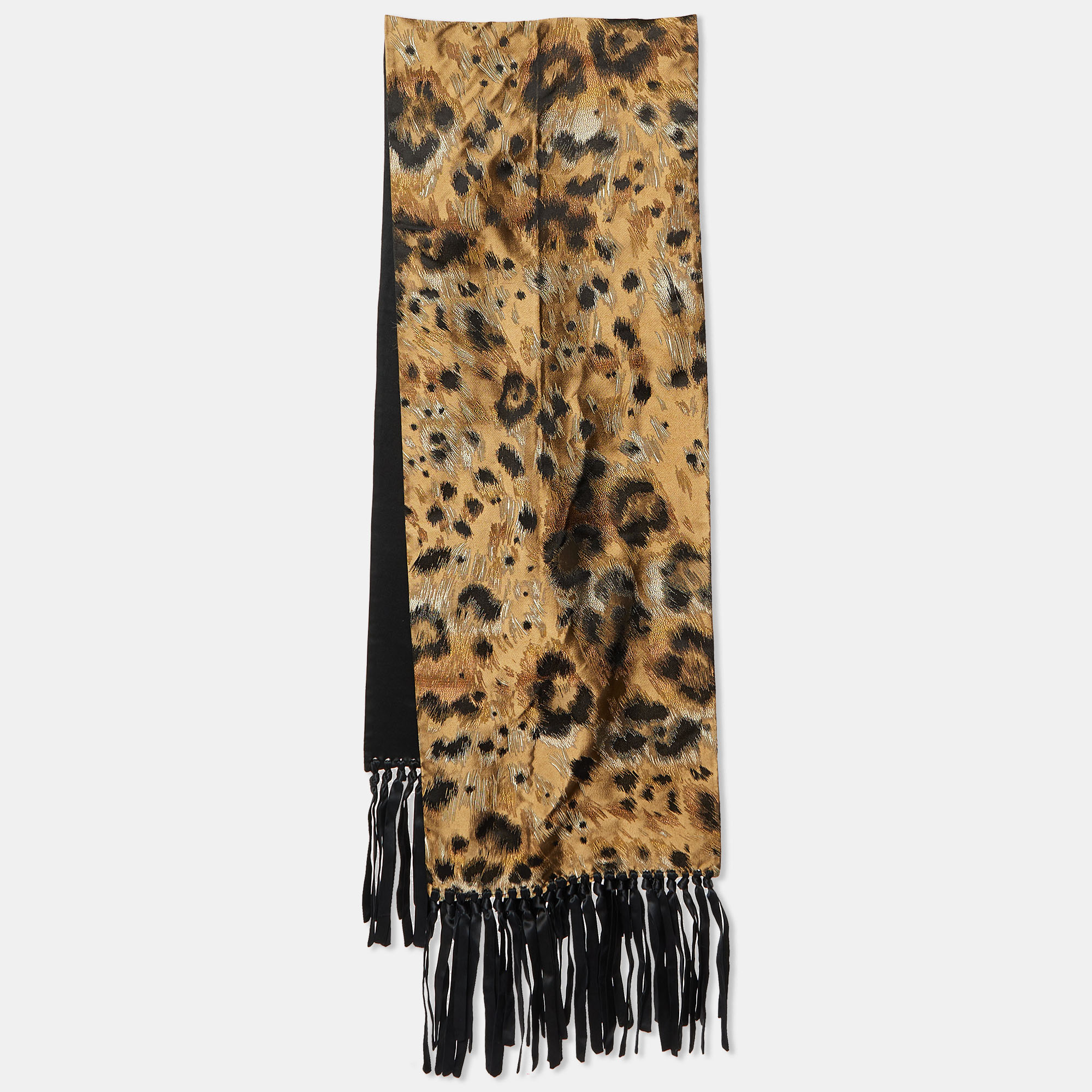 Valentino gold & black silk jacquard & satin two faced fringed scarf