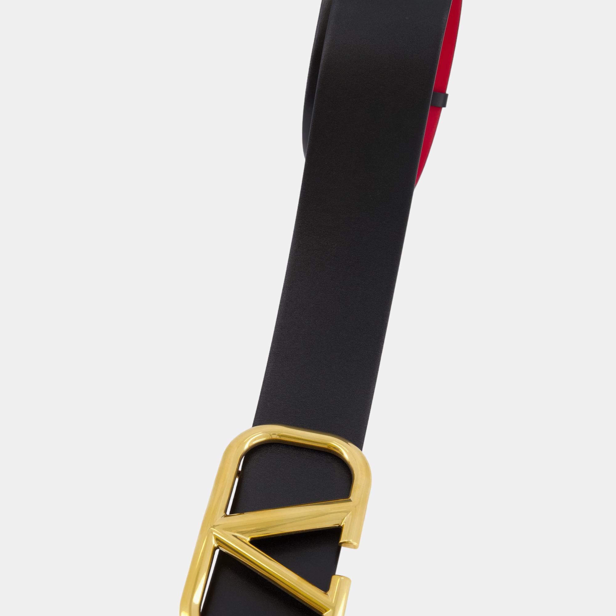 Valentino Black And Red Reversible Large Belt With VLogo Gold Buckle Size 70cm