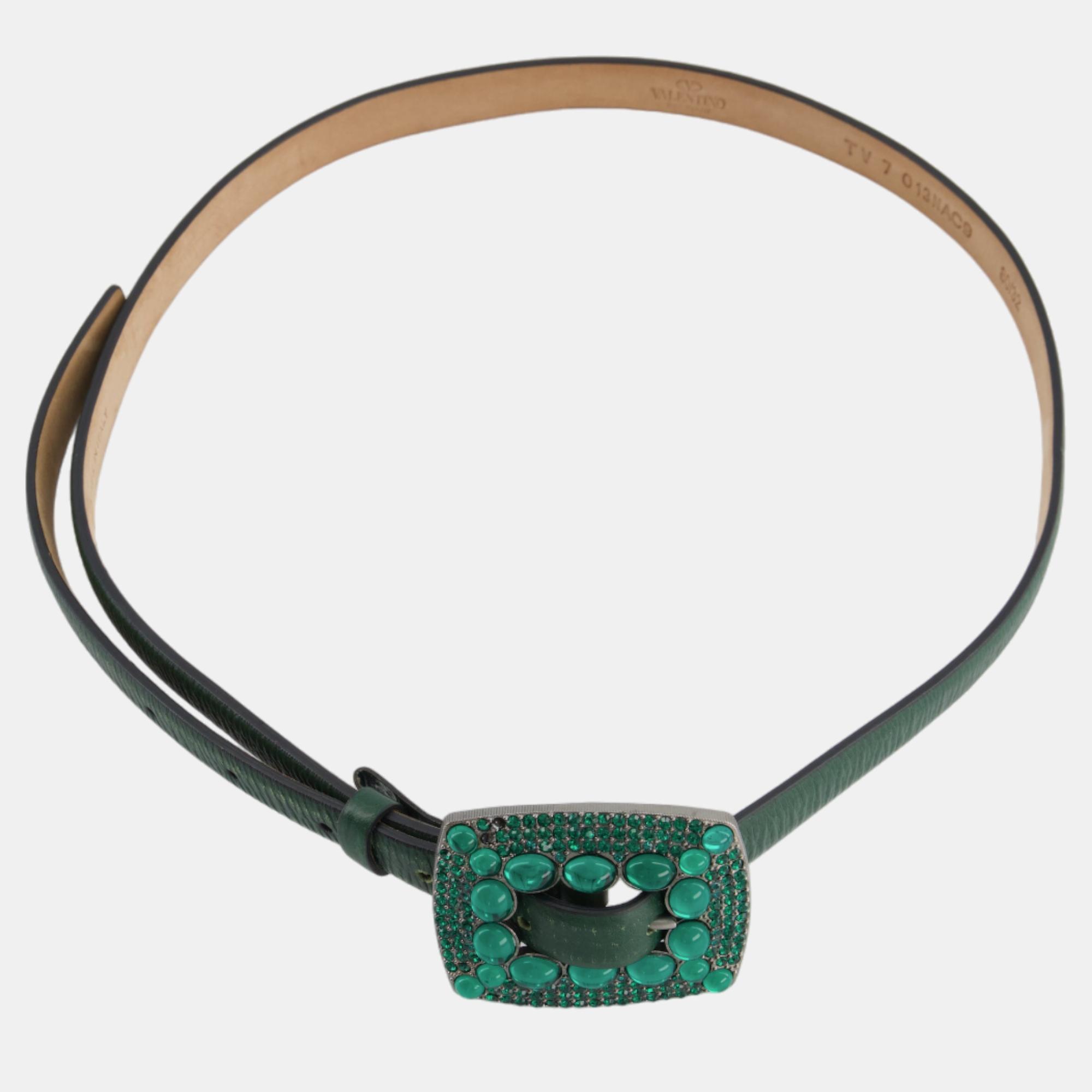 Valentino Green Leather Belt With Crystal Detail Size 80cm