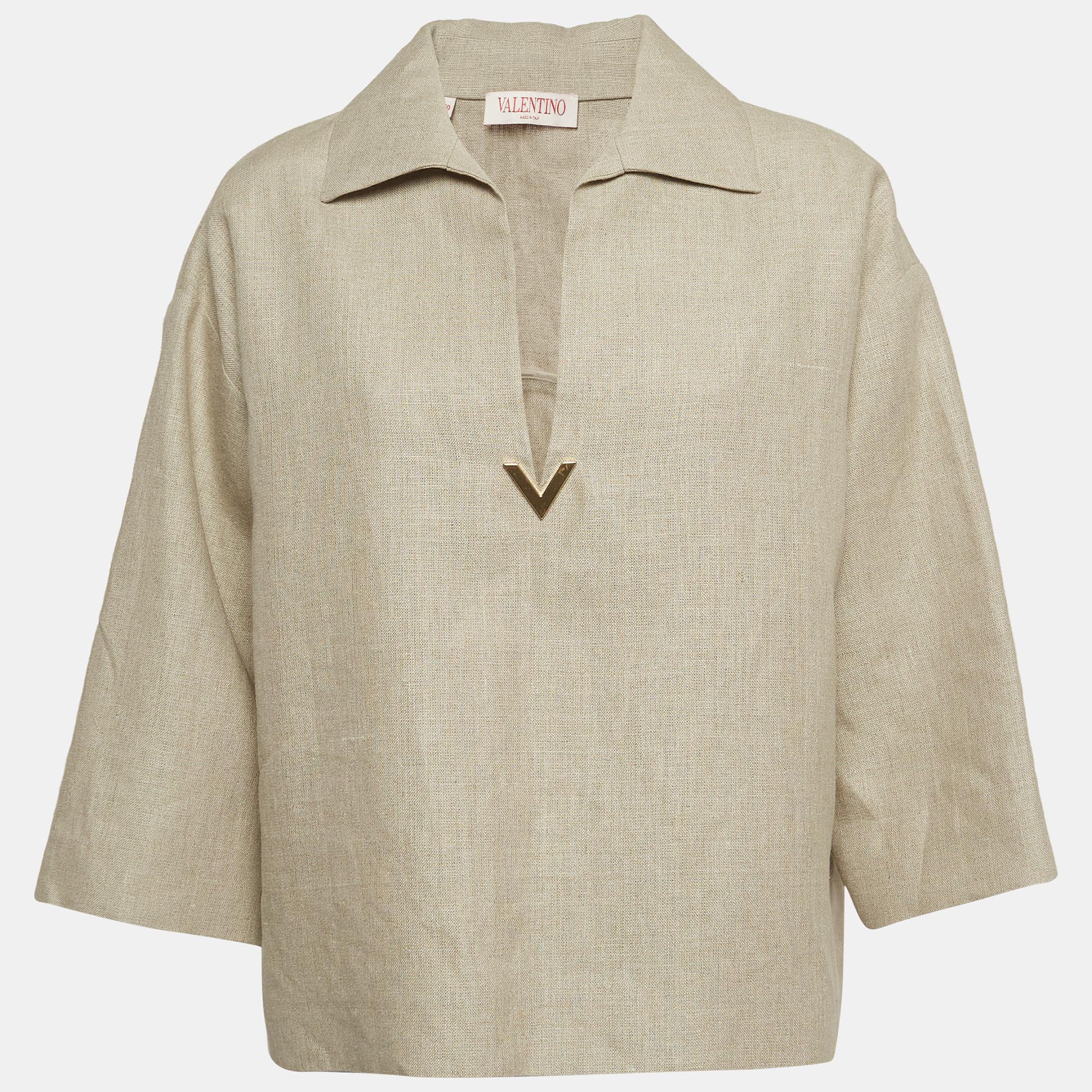 Valentino beige linen canvas embellished blouse s