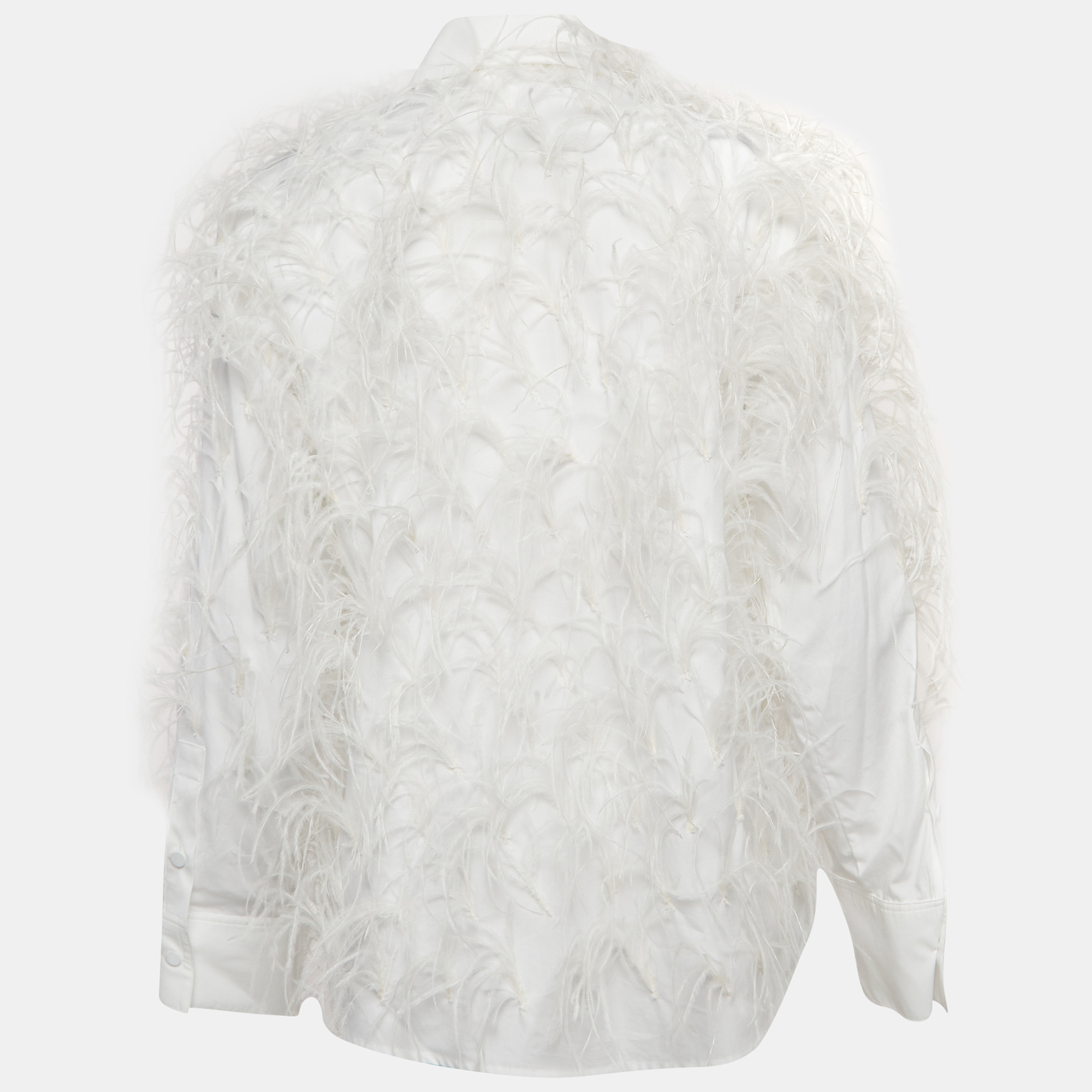 Valentino White Ostrich Feather Trim Cotton Shirt M