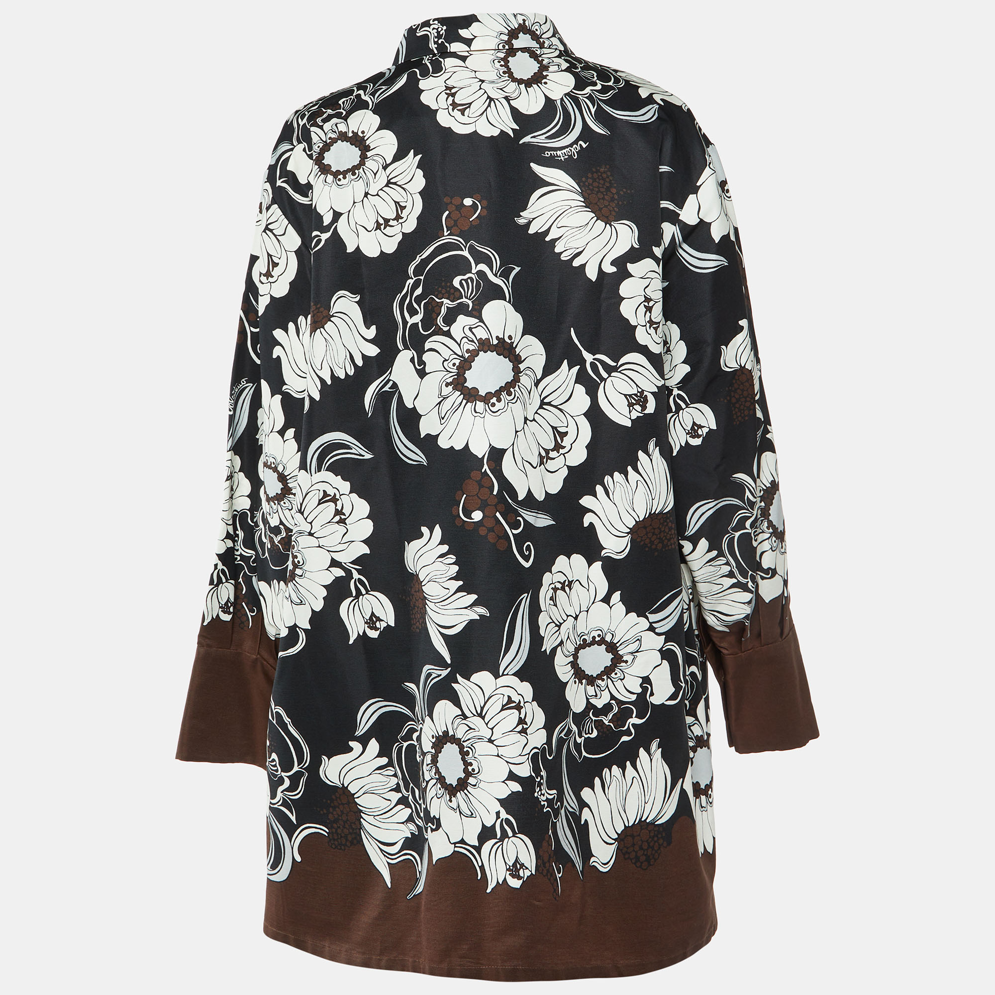 Valentino Brown Street Flowers Daisyland Print Cotton & Silk Shirt Dress M