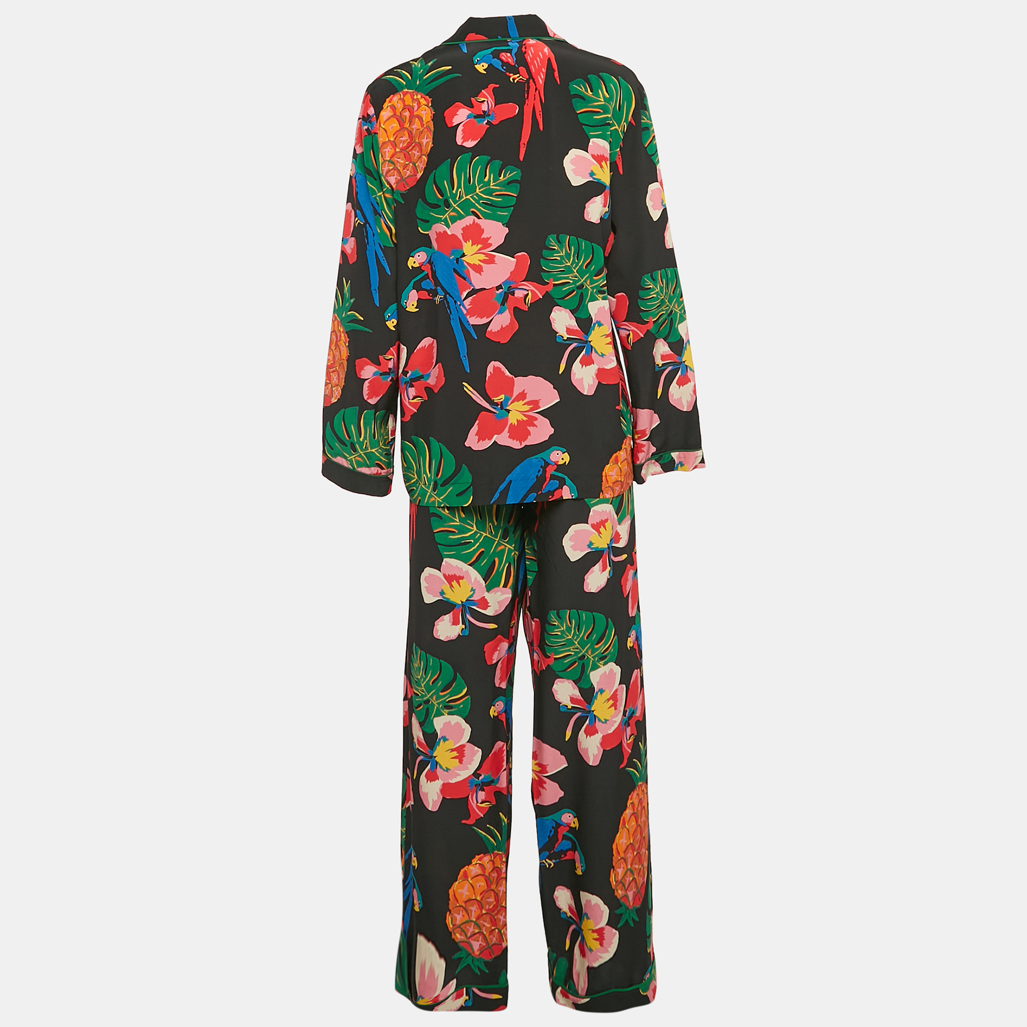 Valentino Black Tropical Print Silk Shirt And Pants M