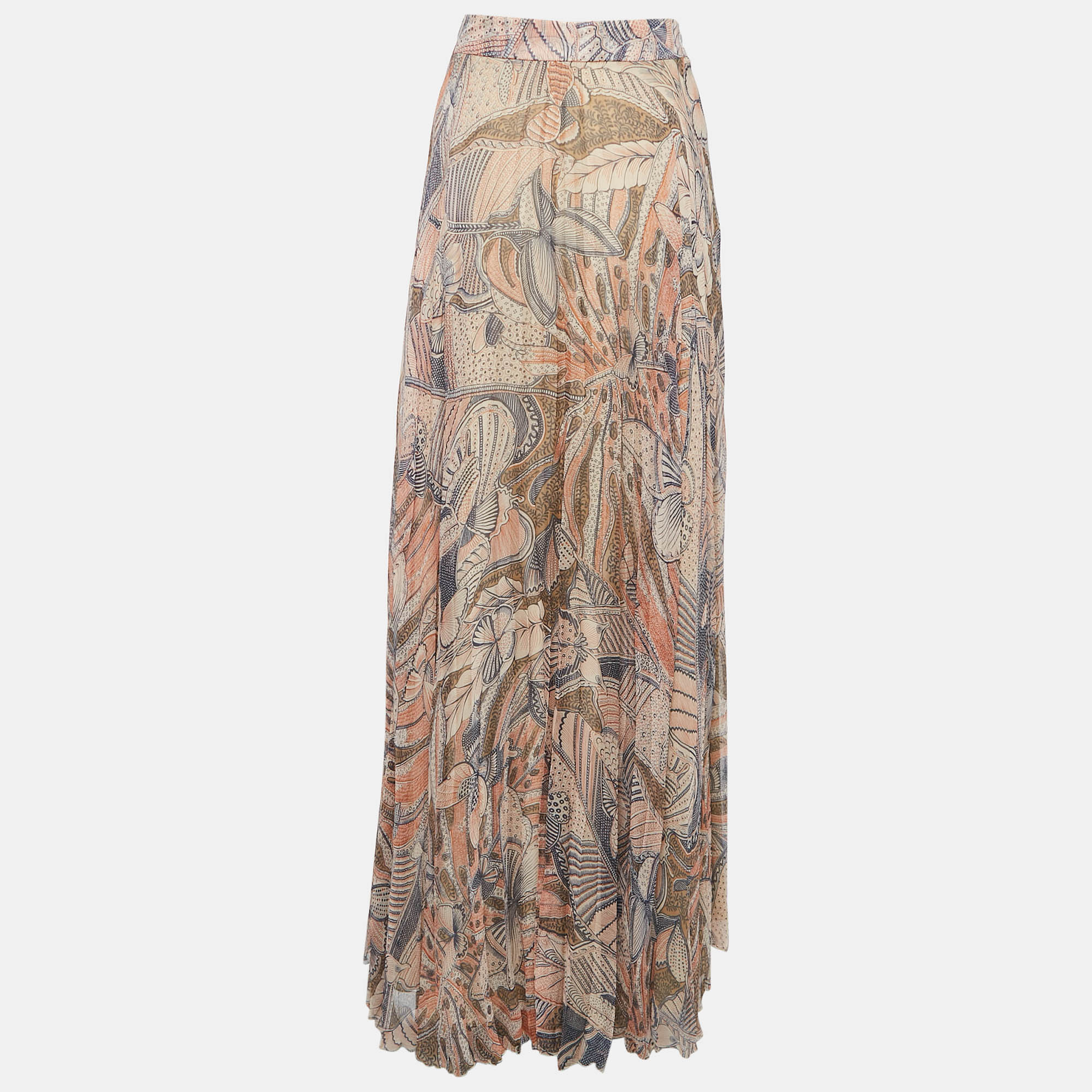 Valentino Beige Butterfly Print Silk Pleated Maxi Skirt M