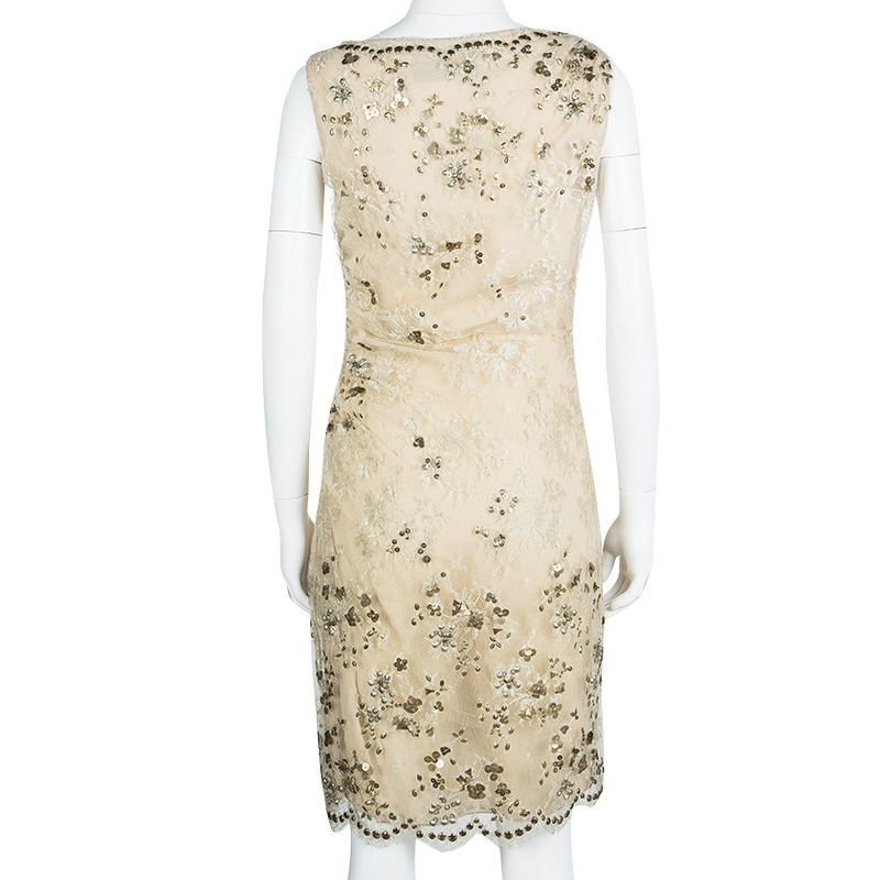Valentino Beige Embellished Floral Lace Overlay Ruched Sleeveless Dress M