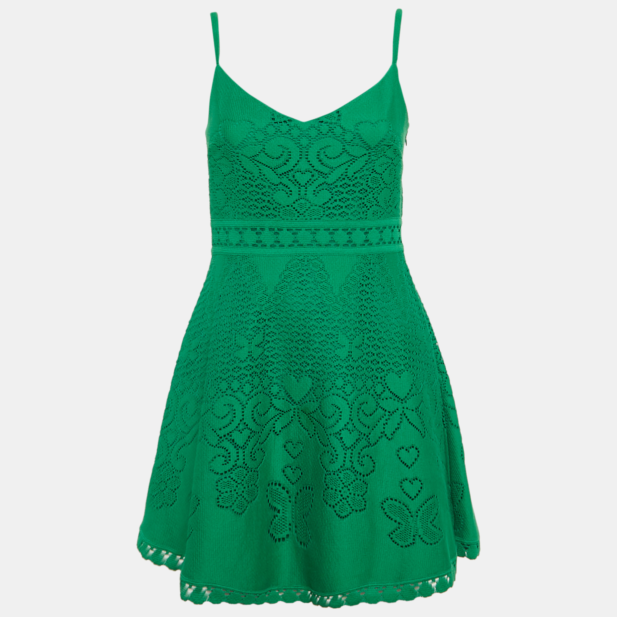 Valentino Green Patterned Knit Strappy Mini Dress S