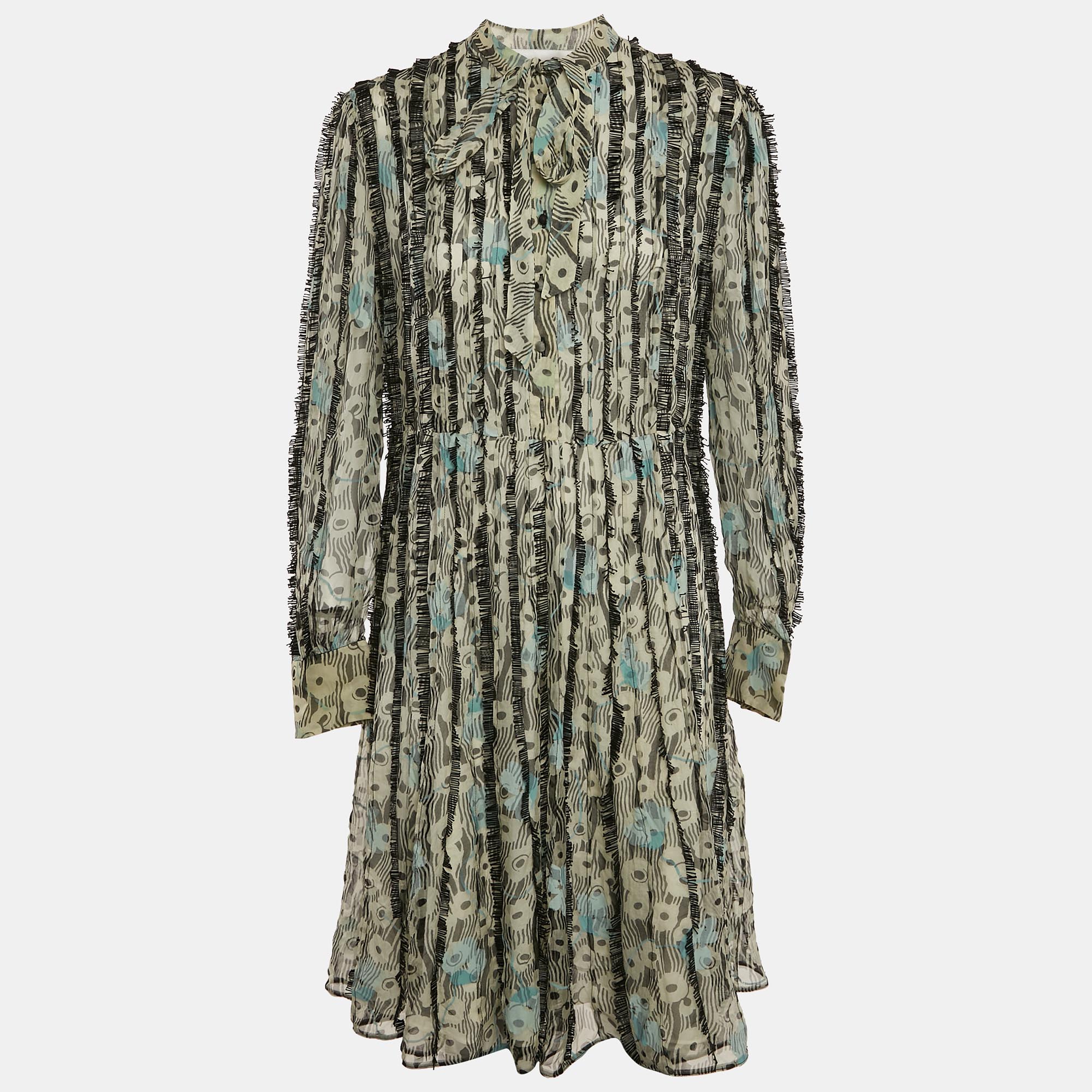 Valentino Multicolor Printed Silk Bead Embellished Pintuck Detail Dress M