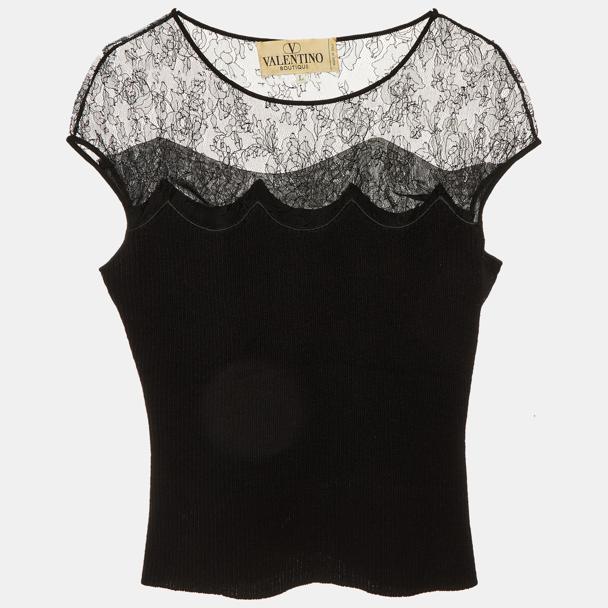 Valentino Vintage Black Wool Knit Lace Trim Top L
