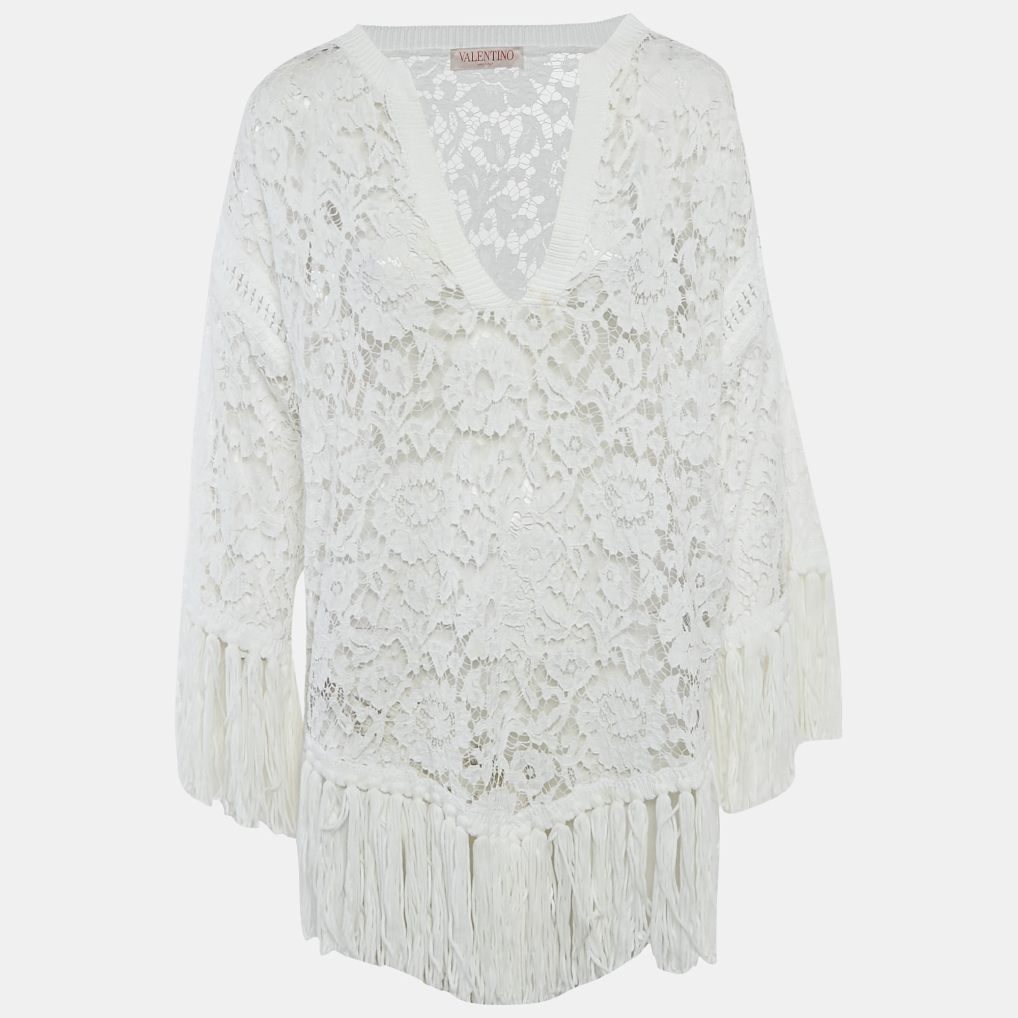 Valentino White Lace Fringed Loose Fit Mini Dress M - Valentino - Modalova