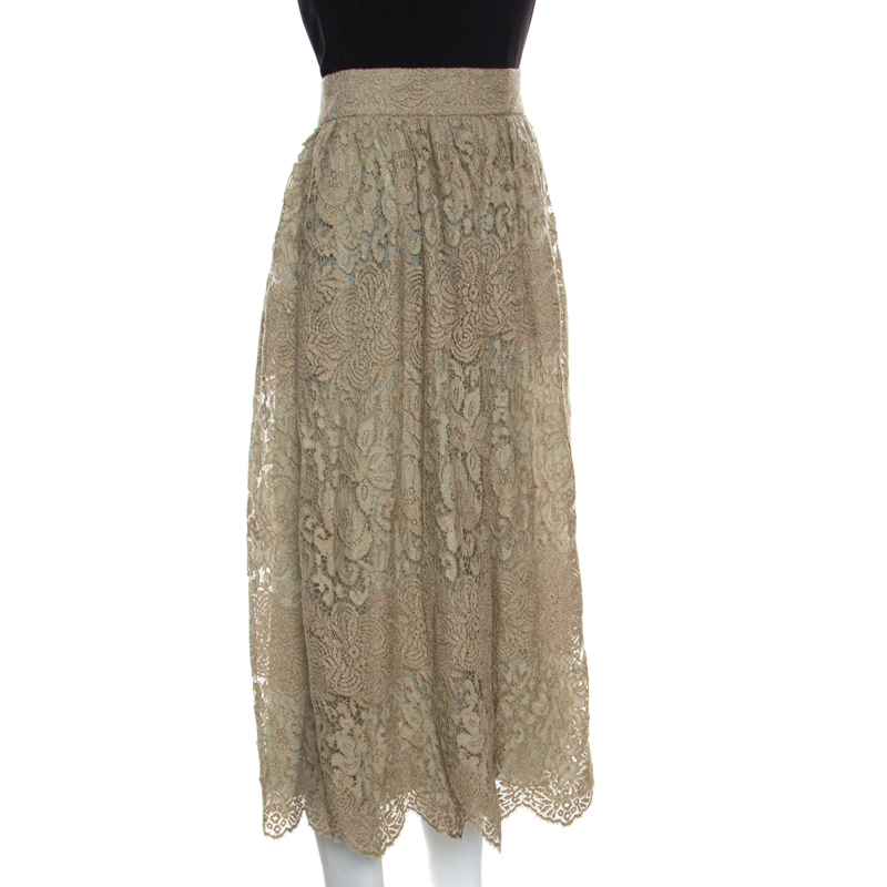 

Valentino Pastel Green Metallic Floral Lace Overlay Gathered Waist Midi Skirt