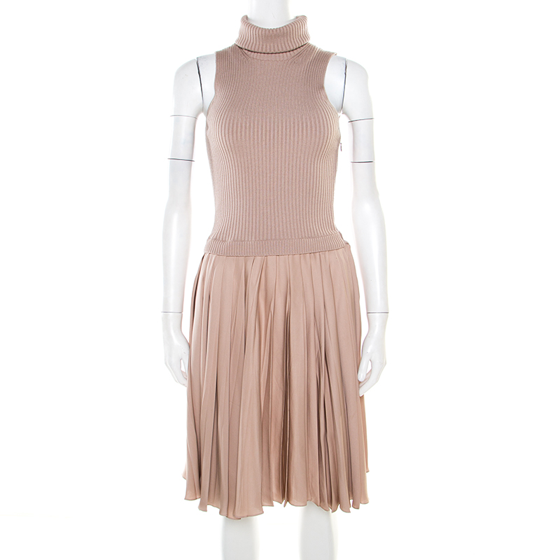 Valentino beige ribbed wool and silk pleated sleeveless turtleneck dress m