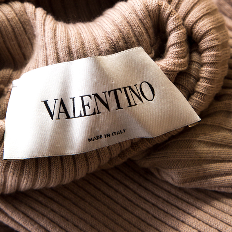 Valentino Beige Ribbed Wool And Silk Pleated Sleeveless Turtleneck Dress M