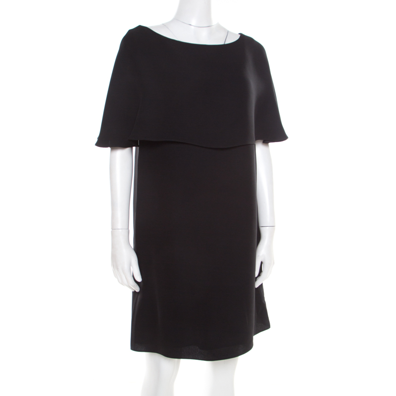 Valentino Black Crepe Silk Cape Overlay Shift Dress M
