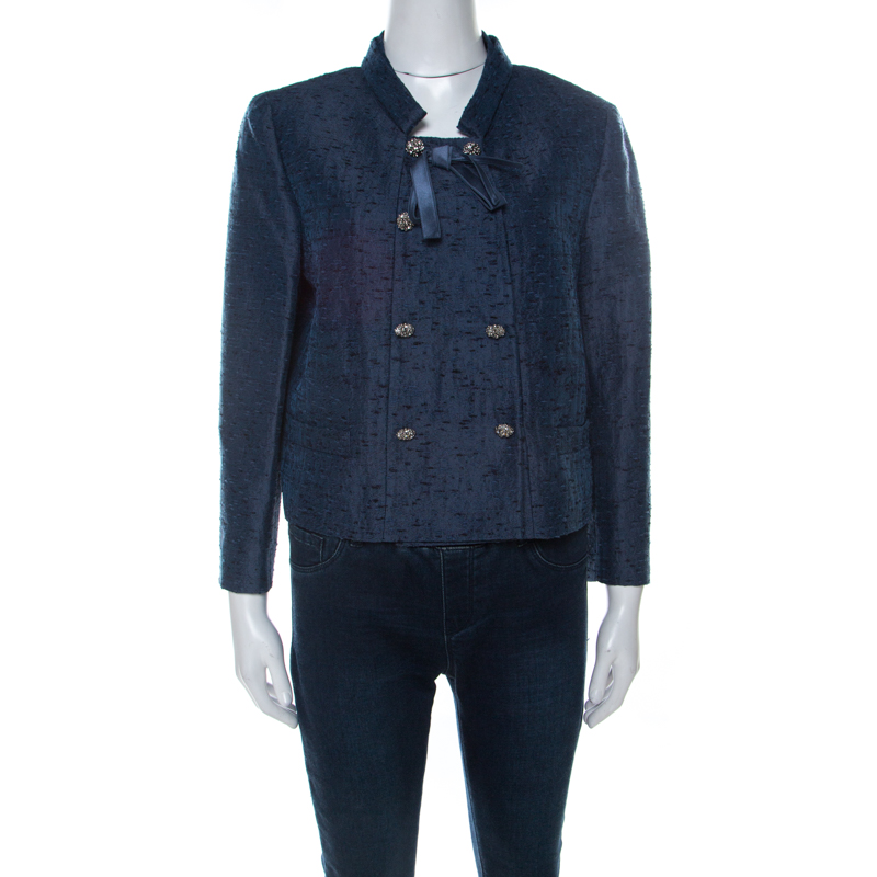 

Valentino Blue Silk Jacquard Box Fit Cropped Jacket