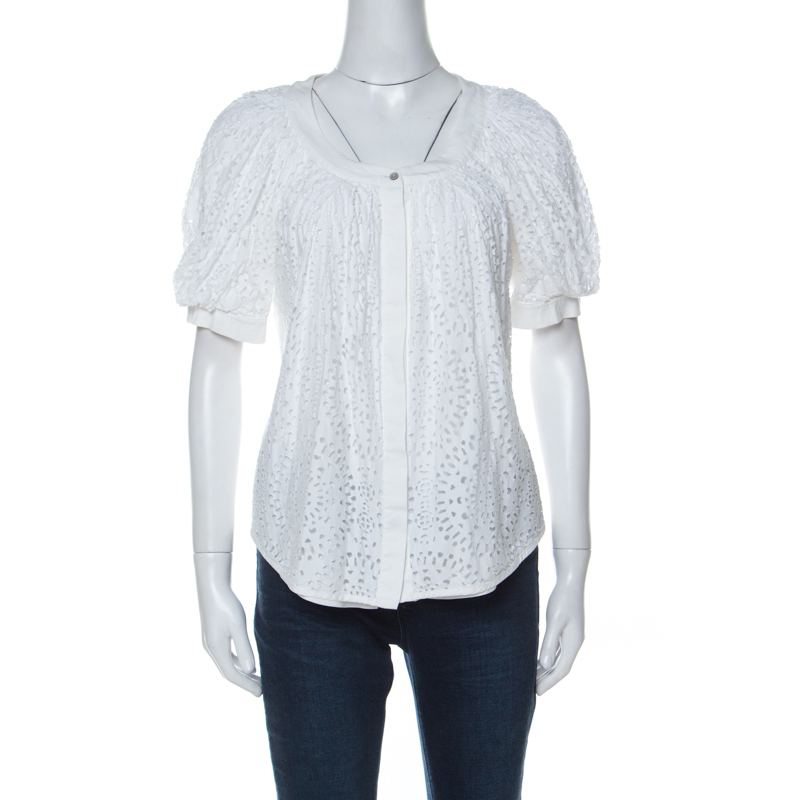 Valentino White Cotton Tattered Effect Puffed Sleeve Top S