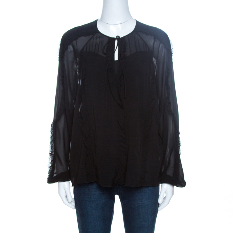 Image of RED Valentino Black Sheer Silk Ruffle Trim Blouse M