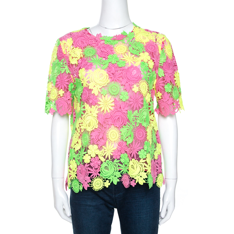 Image of Valentino Multicolor Neon Floral Guipure Lace Top S