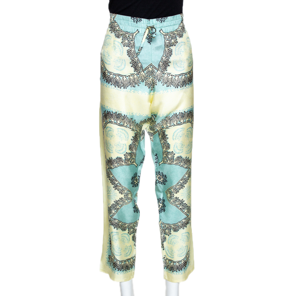 Image of Valentino Turquoise and Yellow Printed Silk Pajama Pants L